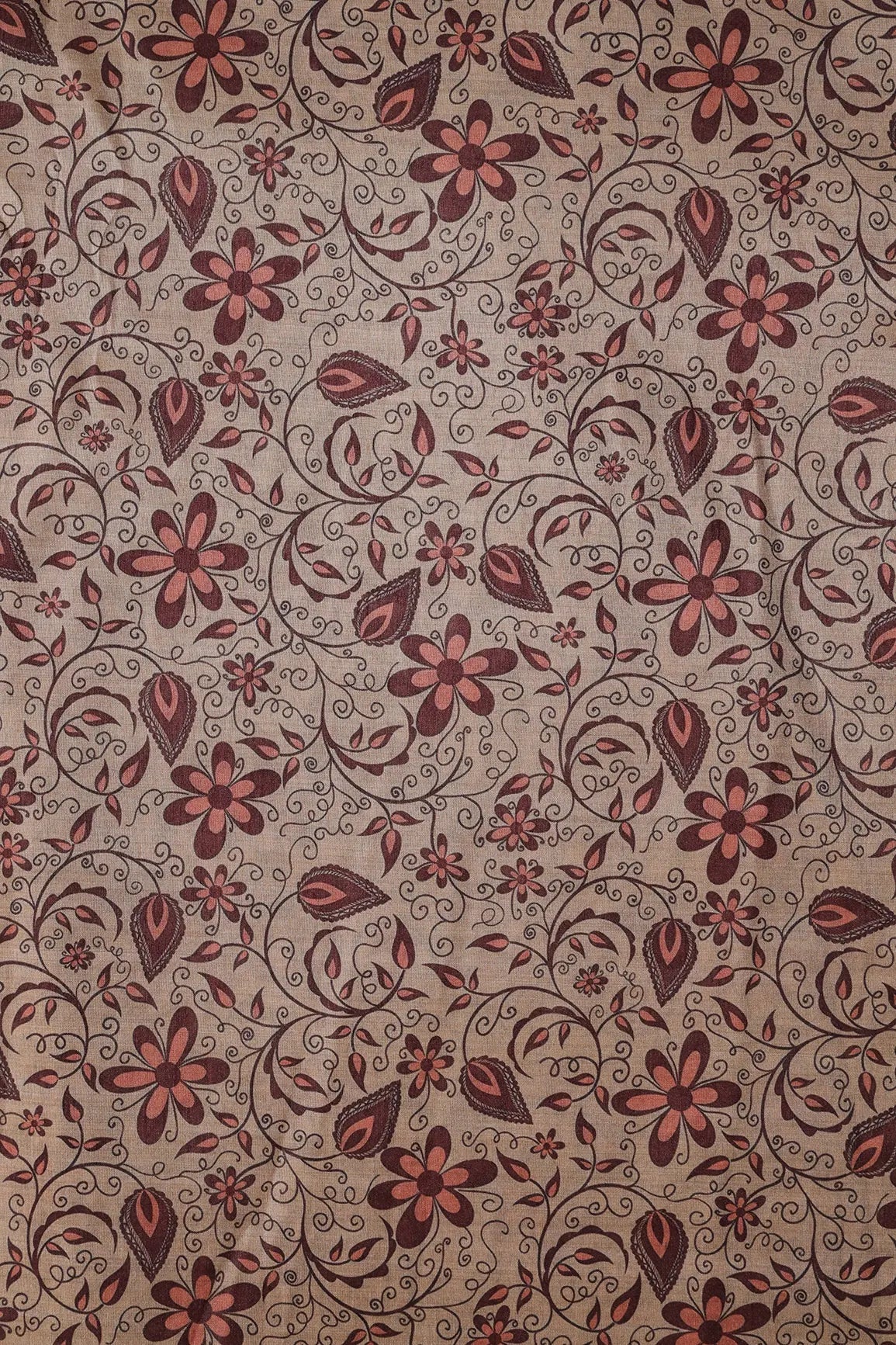 Maroon And Beige Floral Pattern Digital Print On Mulberry Silk Fabric - doeraa