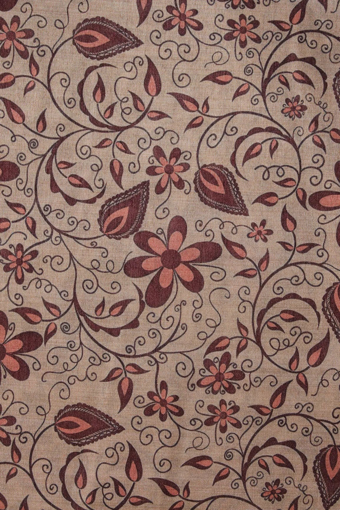 Maroon And Beige Floral Pattern Digital Print On Mulberry Silk Fabric - doeraa