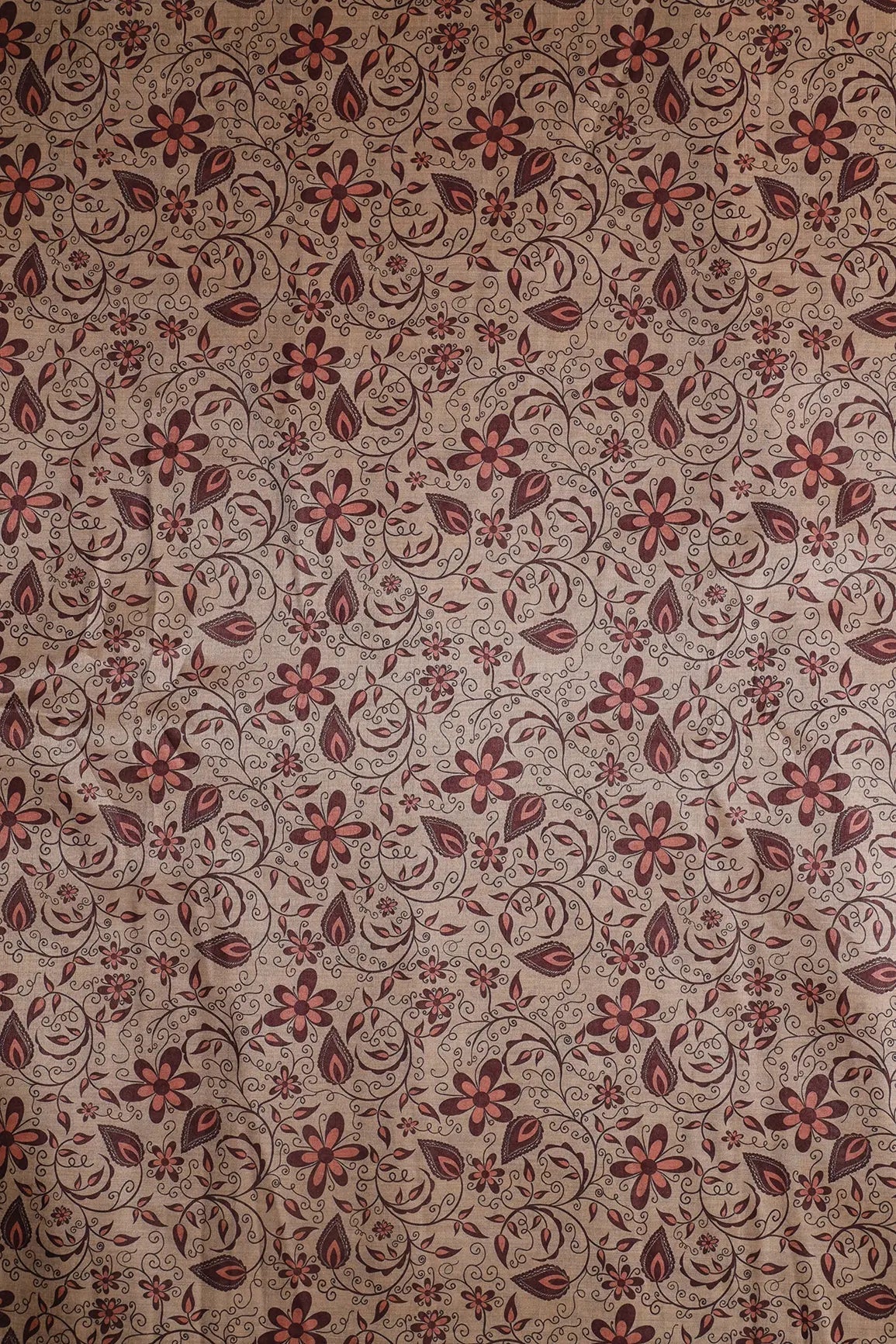 Maroon And Beige Floral Pattern Digital Print On Mulberry Silk Fabric - doeraa