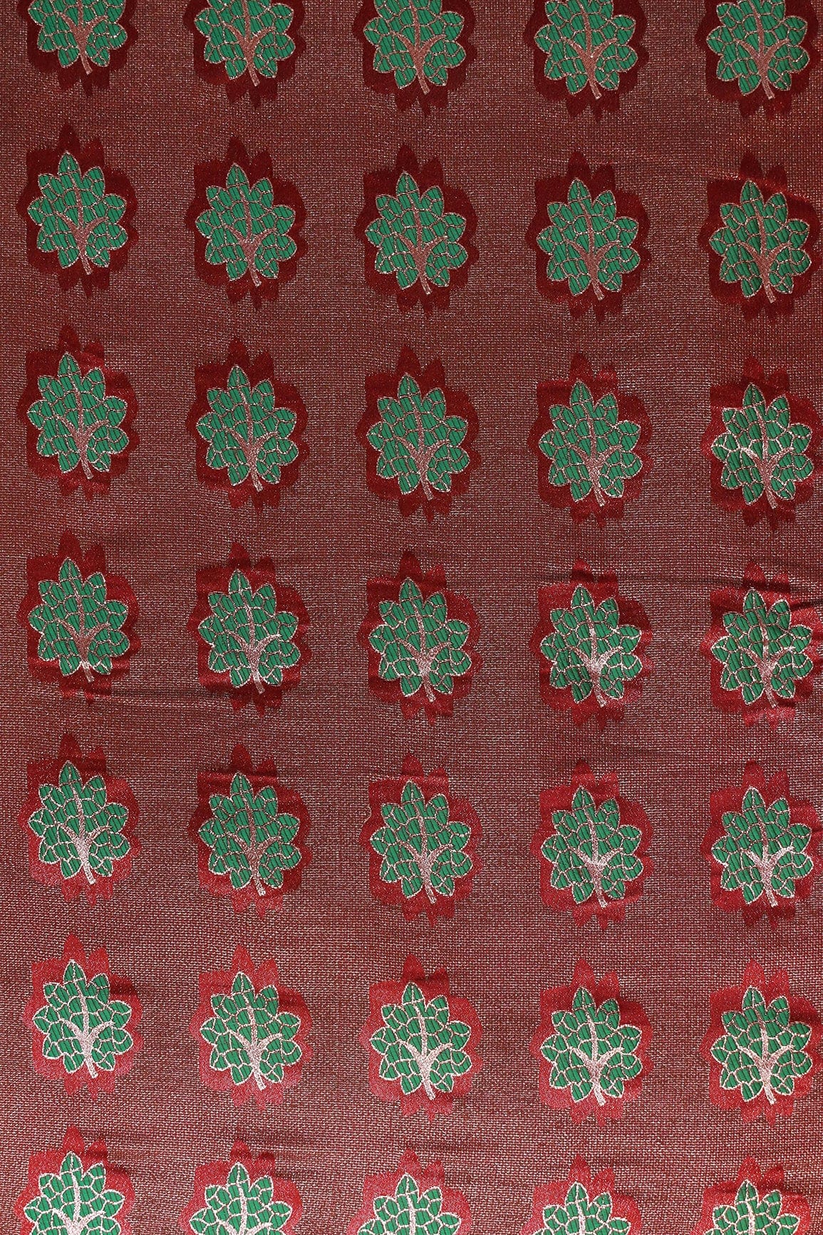 Maroon And Green Leafy Jute Banarasi Zari Jacquard Fabric - doeraa