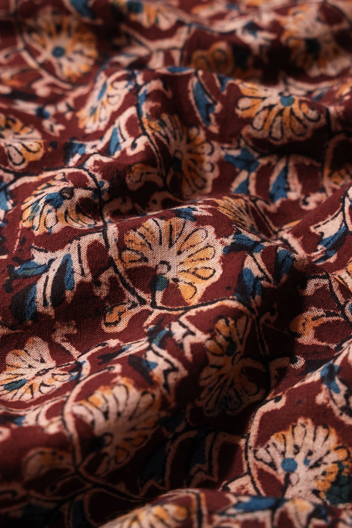 Maroon And Light Beige Floral Pattern Handblock Kalamkari Organic Cotton Fabric - doeraa