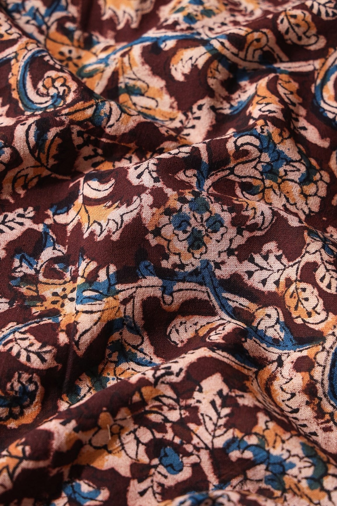 Maroon And Light Beige Paisley Pattern Handblock Kalamkari Organic Cotton Fabric - doeraa
