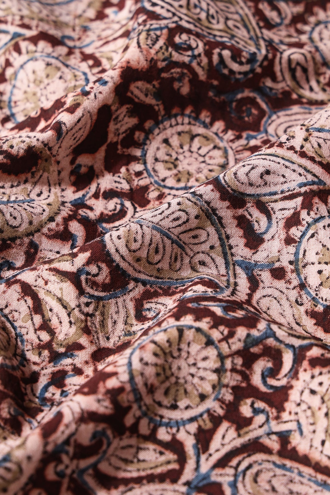 Maroon And Light Beige Paisley Pattern Handblock Kalamkari Organic Cotton Fabric - doeraa