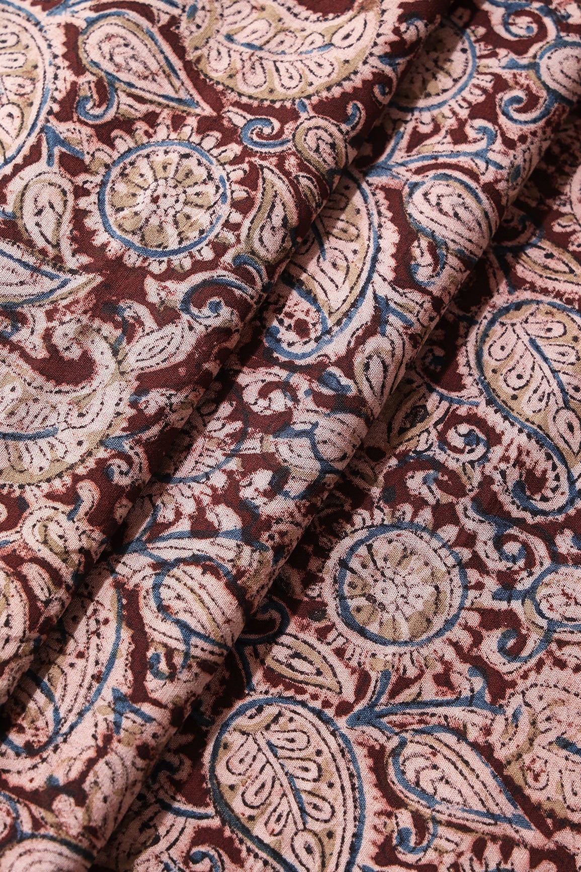 Maroon And Light Beige Paisley Pattern Handblock Kalamkari Organic Cotton Fabric - doeraa