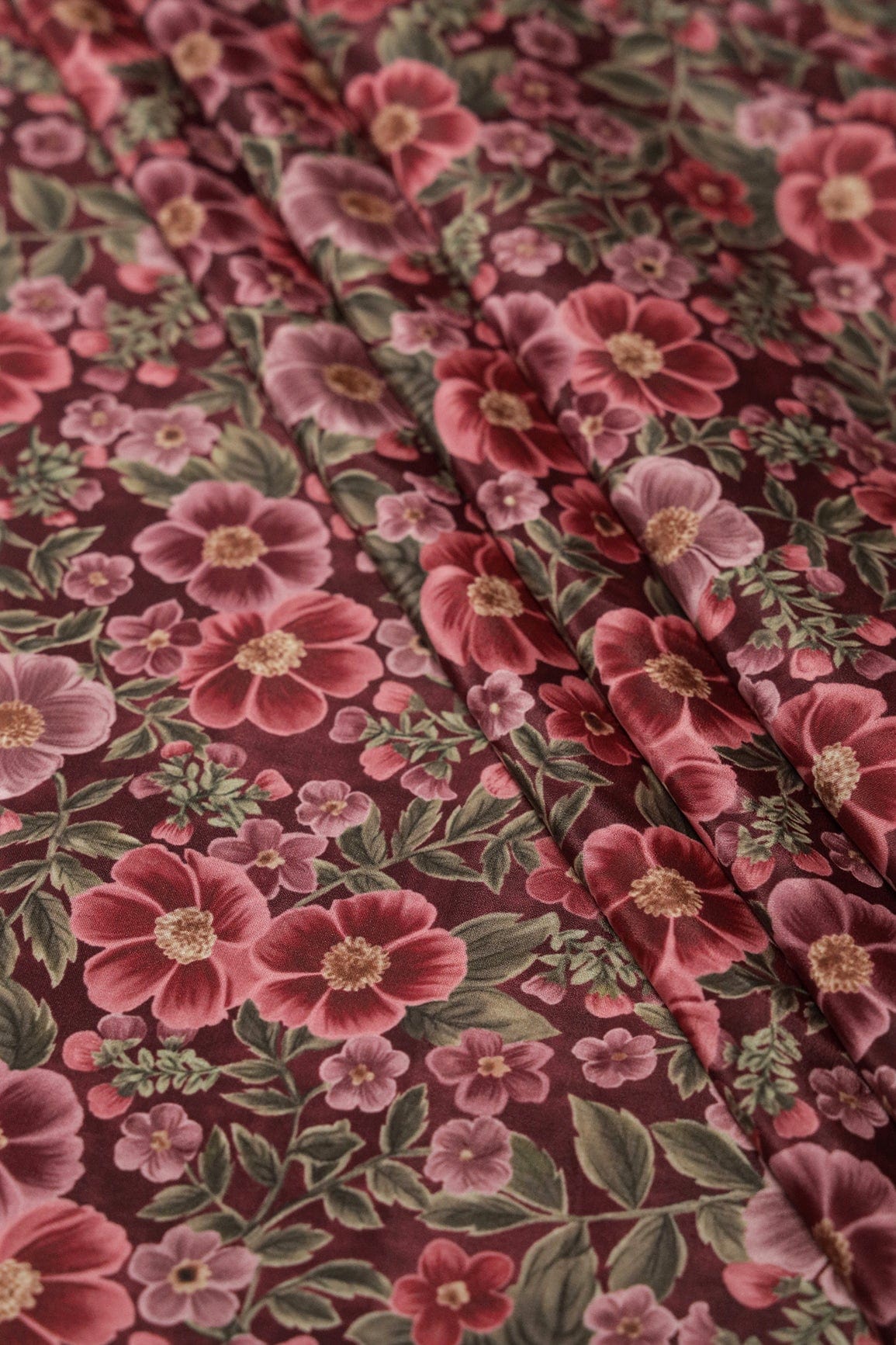 Maroon And Olive Floral Digital Print On Dark Brown Crepe Fabric - doeraa
