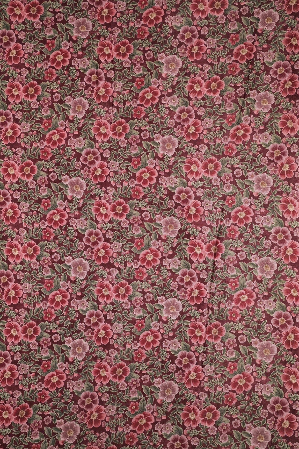 Maroon And Olive Floral Digital Print On Dark Brown Crepe Fabric - doeraa