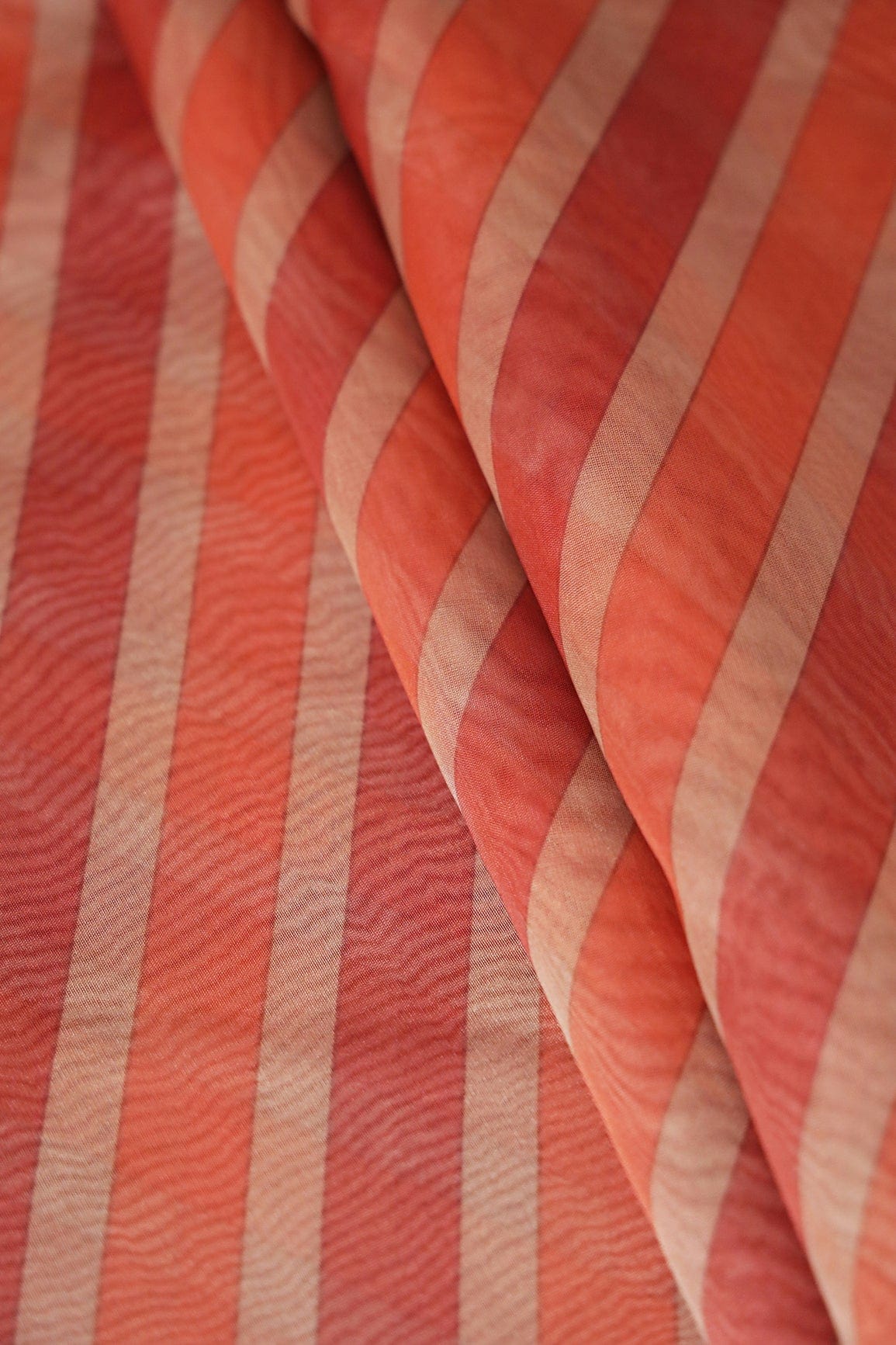 Maroon And Orange Stripes Digital Print On Organza Fabric - doeraa