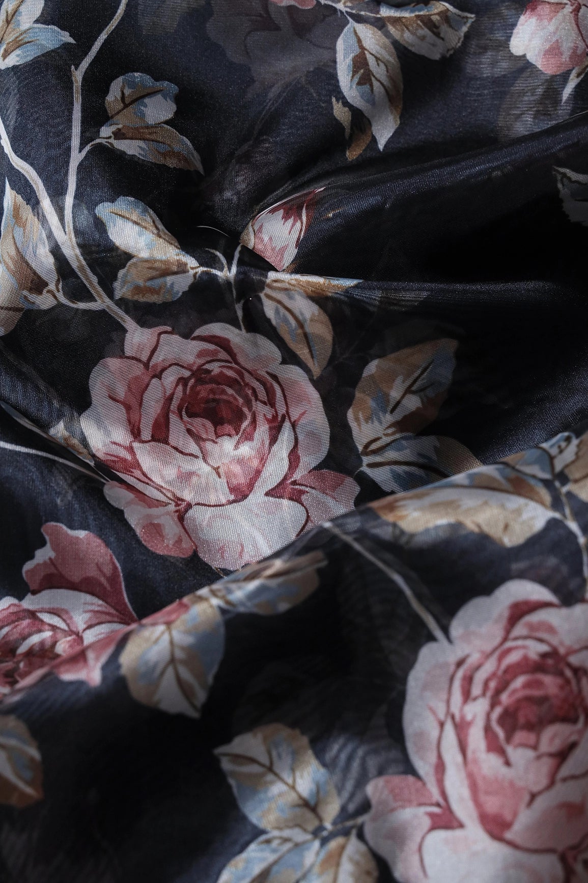 Maroon And White Floral Pattern Digital Print On Black Organza Fabric - doeraa