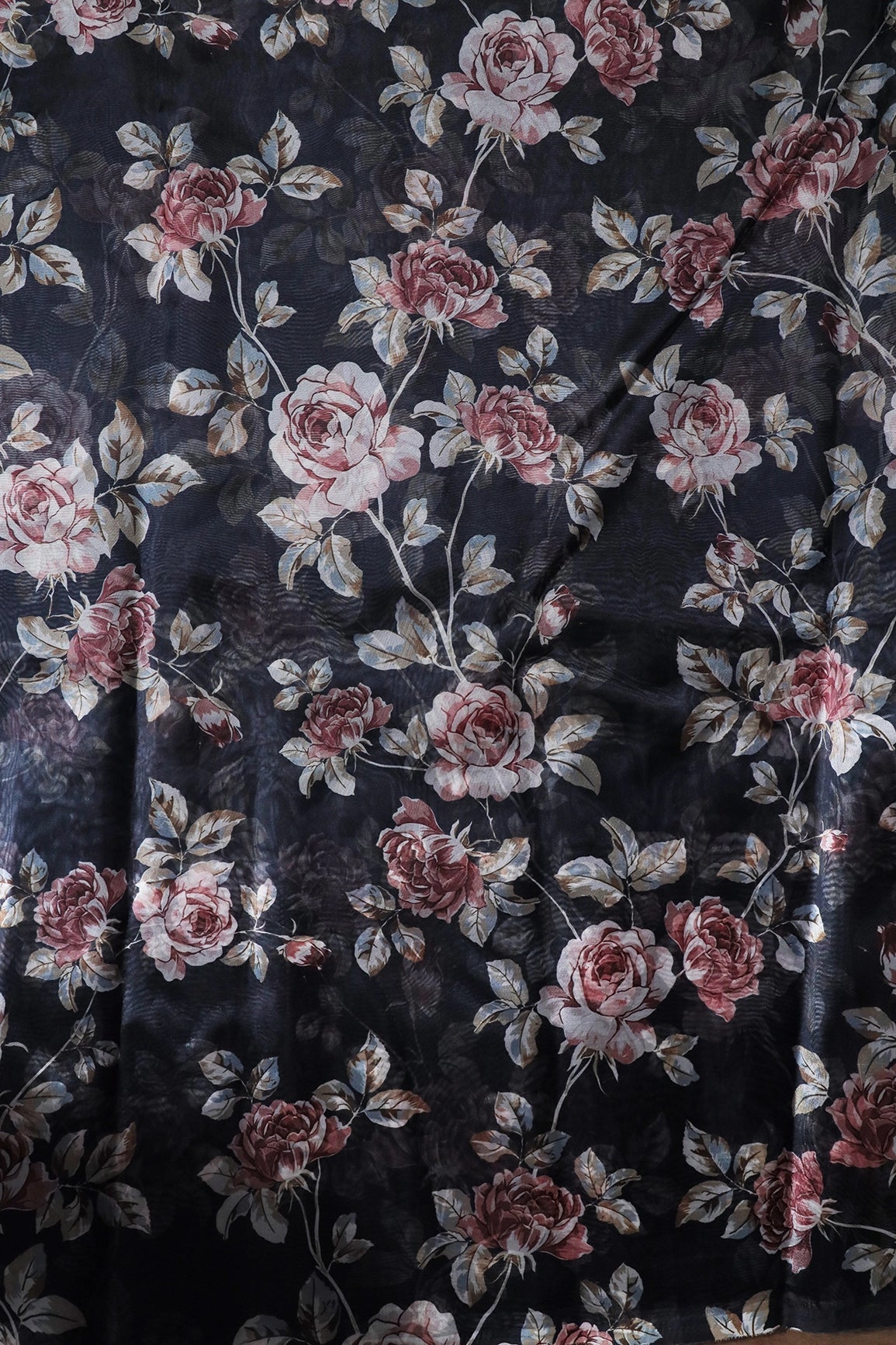 Maroon And White Floral Pattern Digital Print On Black Organza Fabric - doeraa