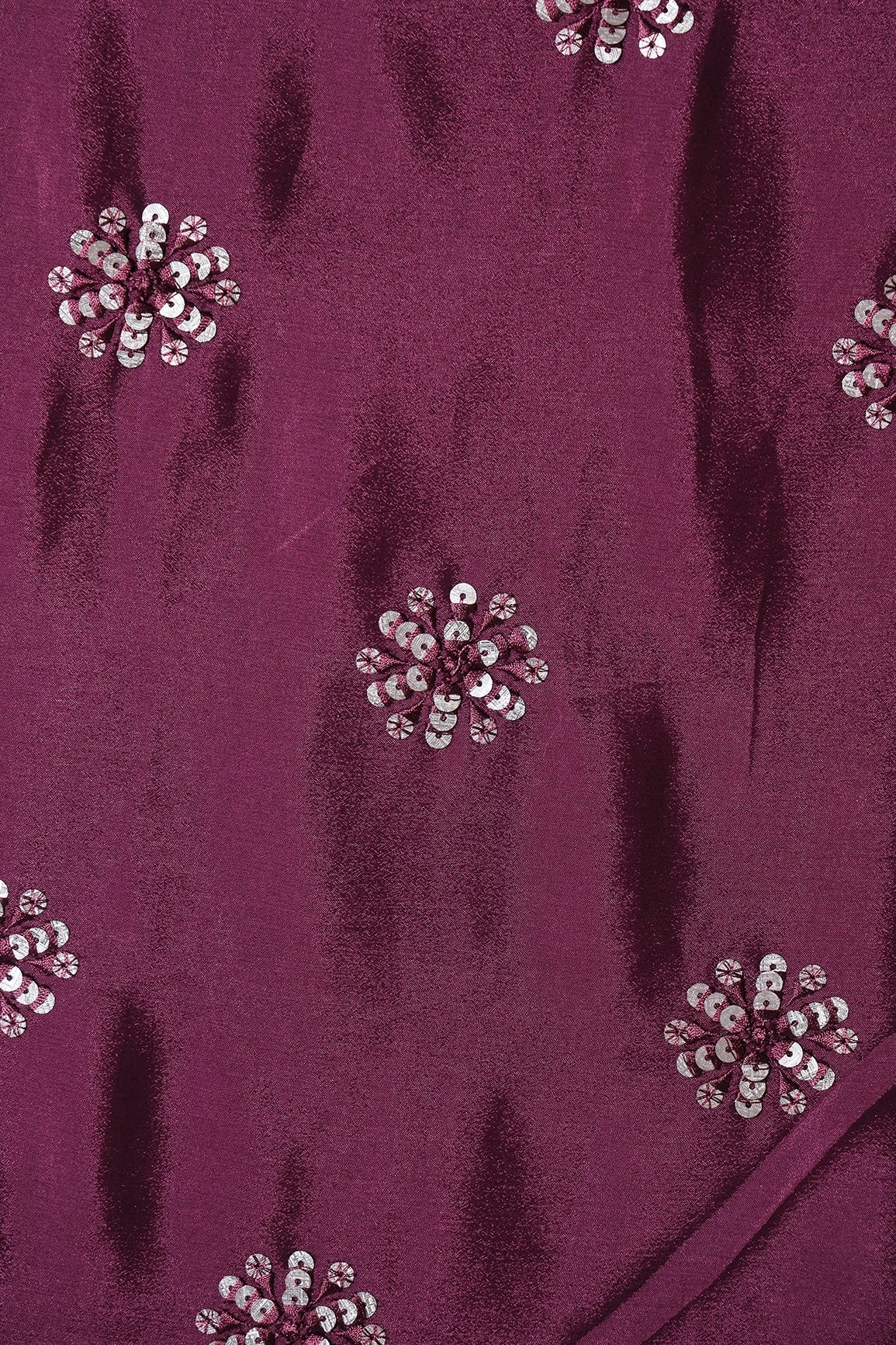 Maroon Thread With Gold Sequins Floral Butta Embroidery Work On Maroon Chinnon Chiffon Fabric - doeraa