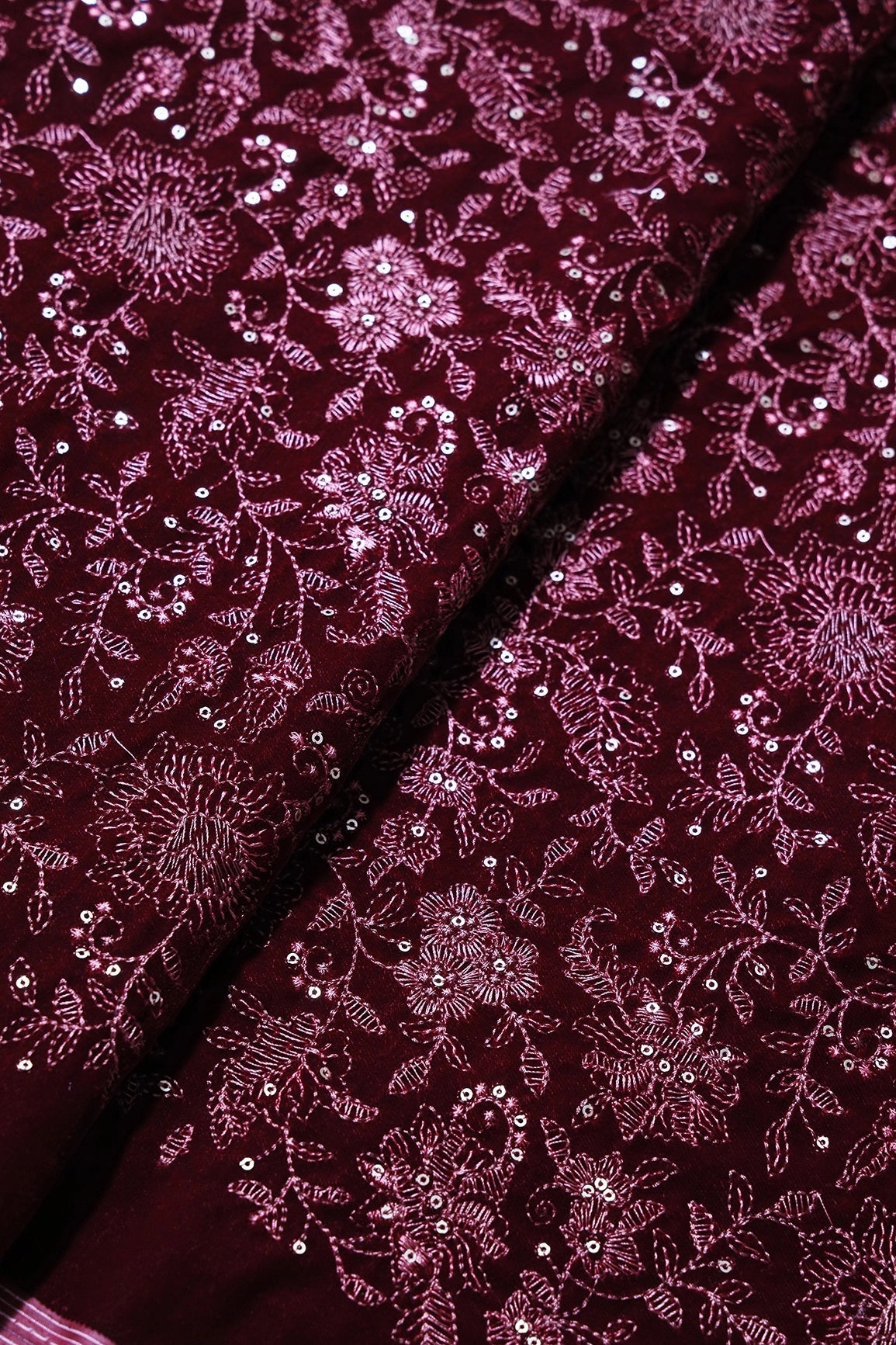 Maroon Thread With Gold Sequins Floral Embroidery Work On Maroon Velvet Fabric - doeraa