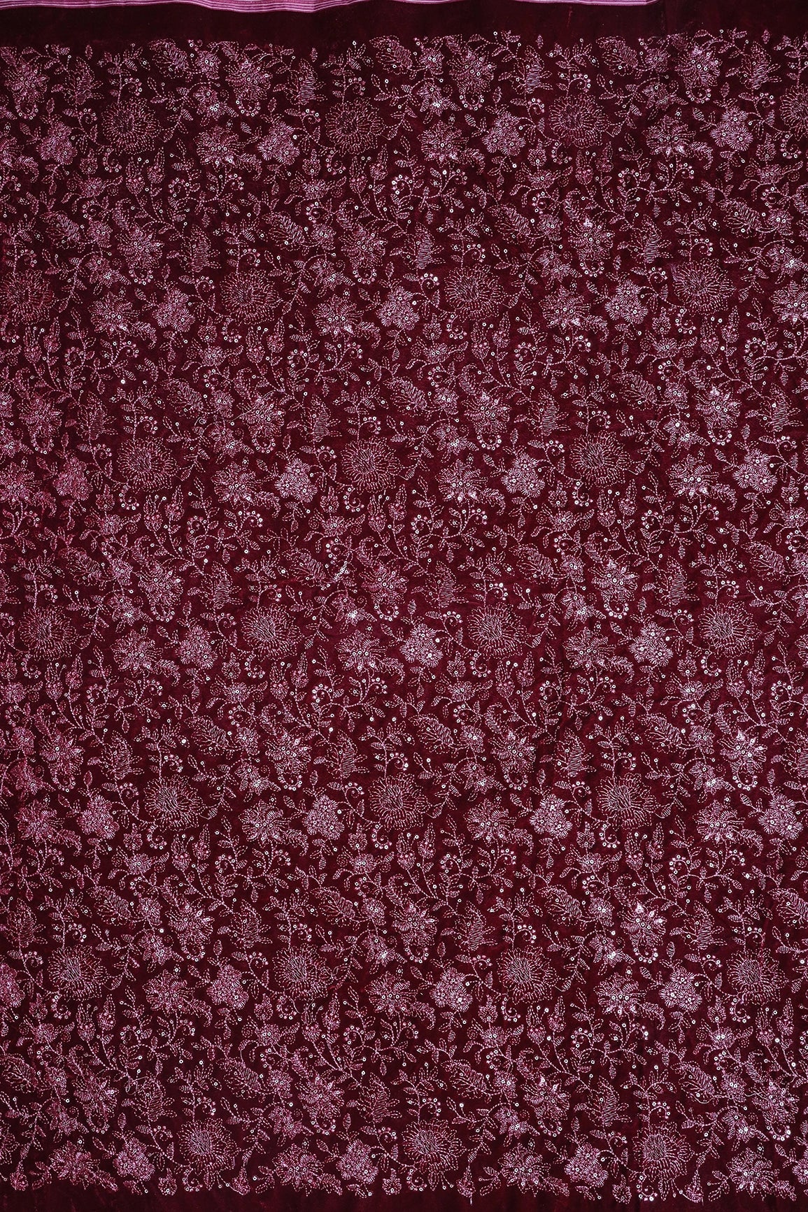 Maroon Thread With Gold Sequins Floral Embroidery Work On Maroon Velvet Fabric - doeraa