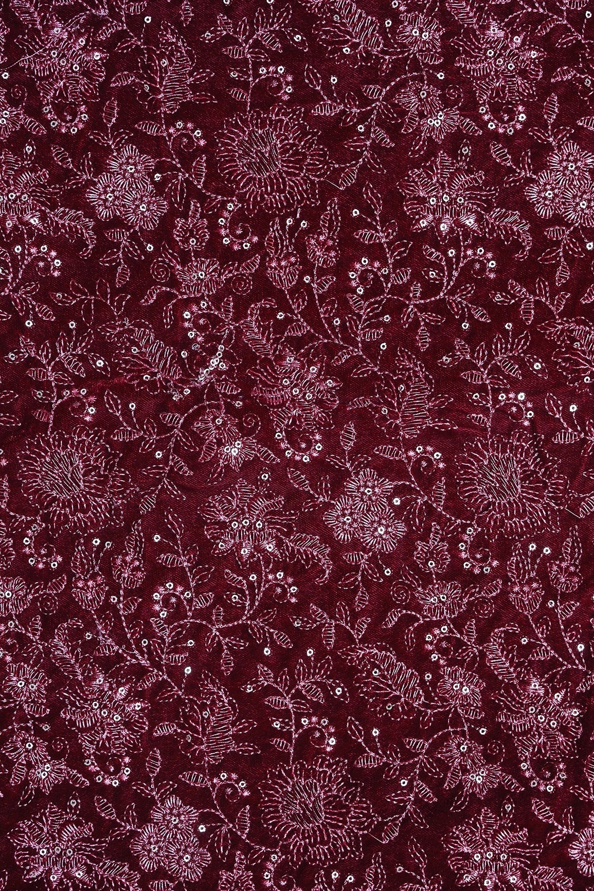 Maroon Thread With Gold Sequins Floral Embroidery Work On Maroon Velvet Fabric - doeraa