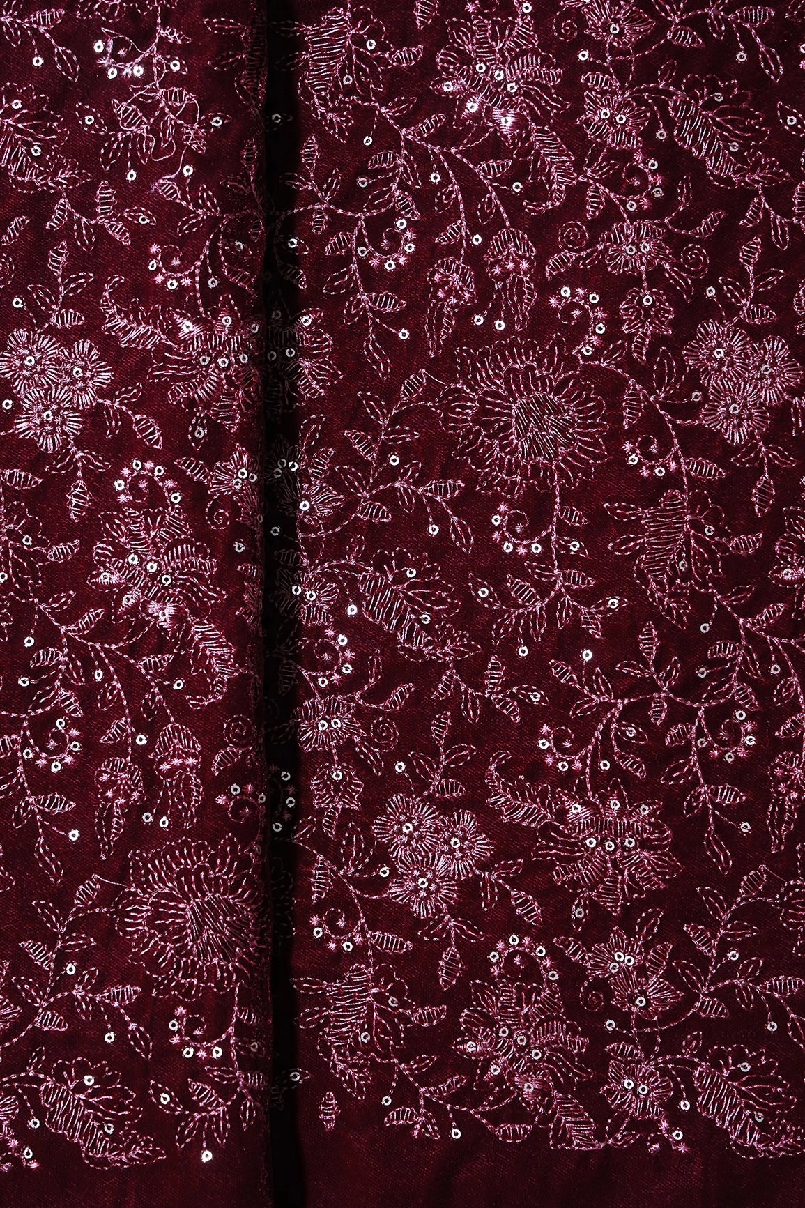 Maroon Thread With Gold Sequins Floral Embroidery Work On Maroon Velvet Fabric - doeraa