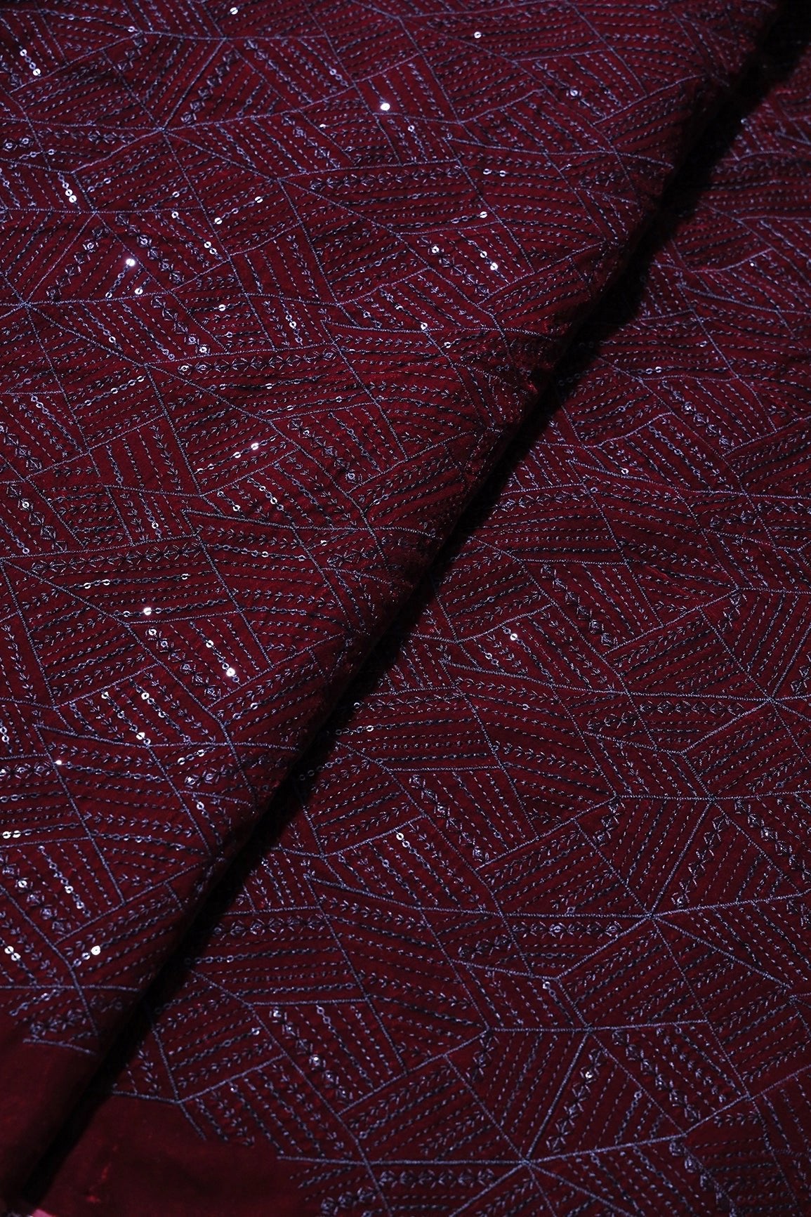 Maroon Thread With Sequins Geometric Embroidery Work On Maroon Velvet Fabric - doeraa