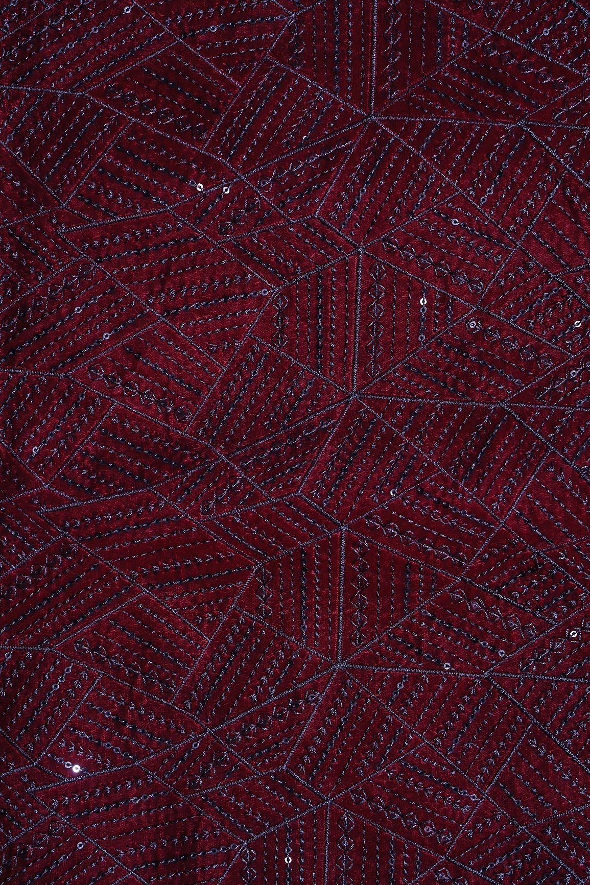 Maroon Thread With Sequins Geometric Embroidery Work On Maroon Velvet Fabric - doeraa