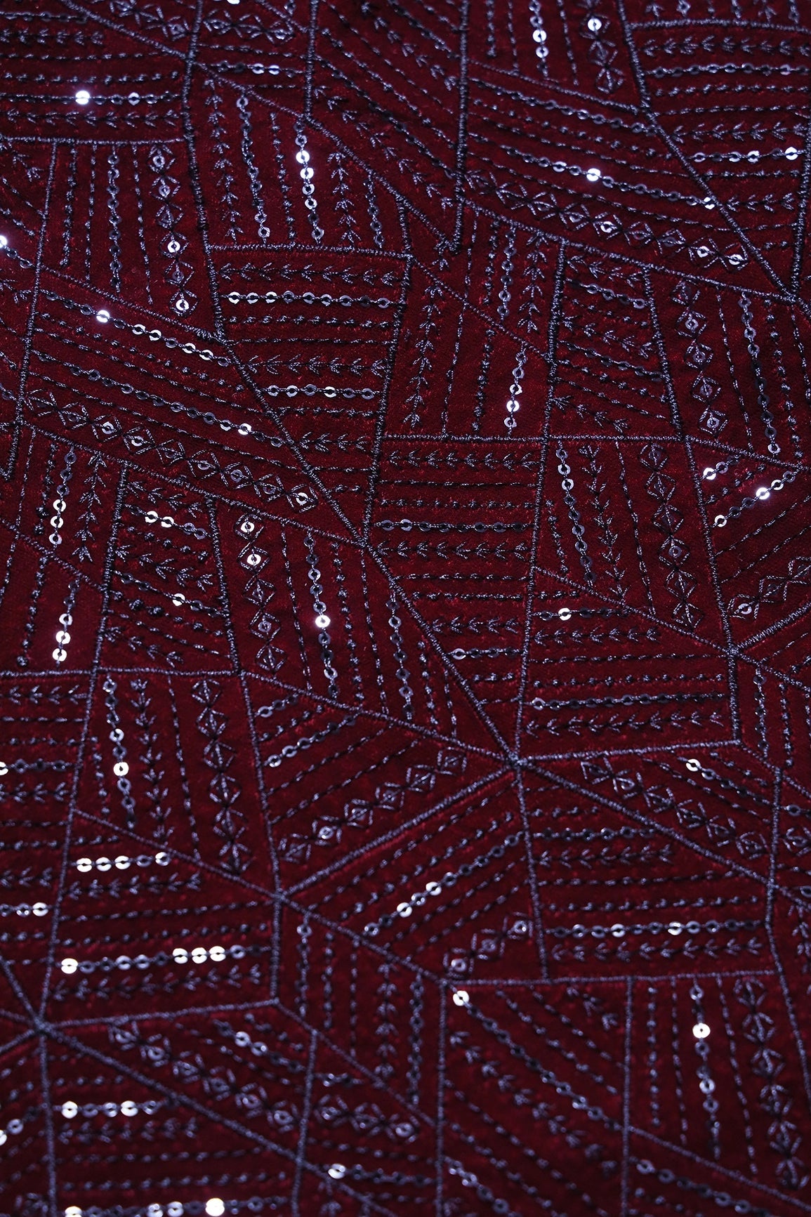 Maroon Thread With Sequins Geometric Embroidery Work On Maroon Velvet Fabric - doeraa