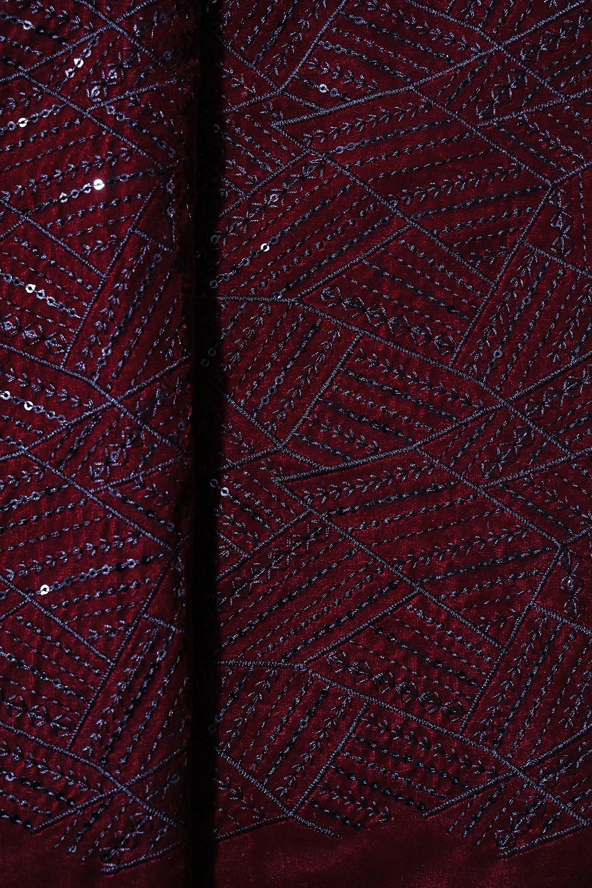Maroon Thread With Sequins Geometric Embroidery Work On Maroon Velvet Fabric - doeraa