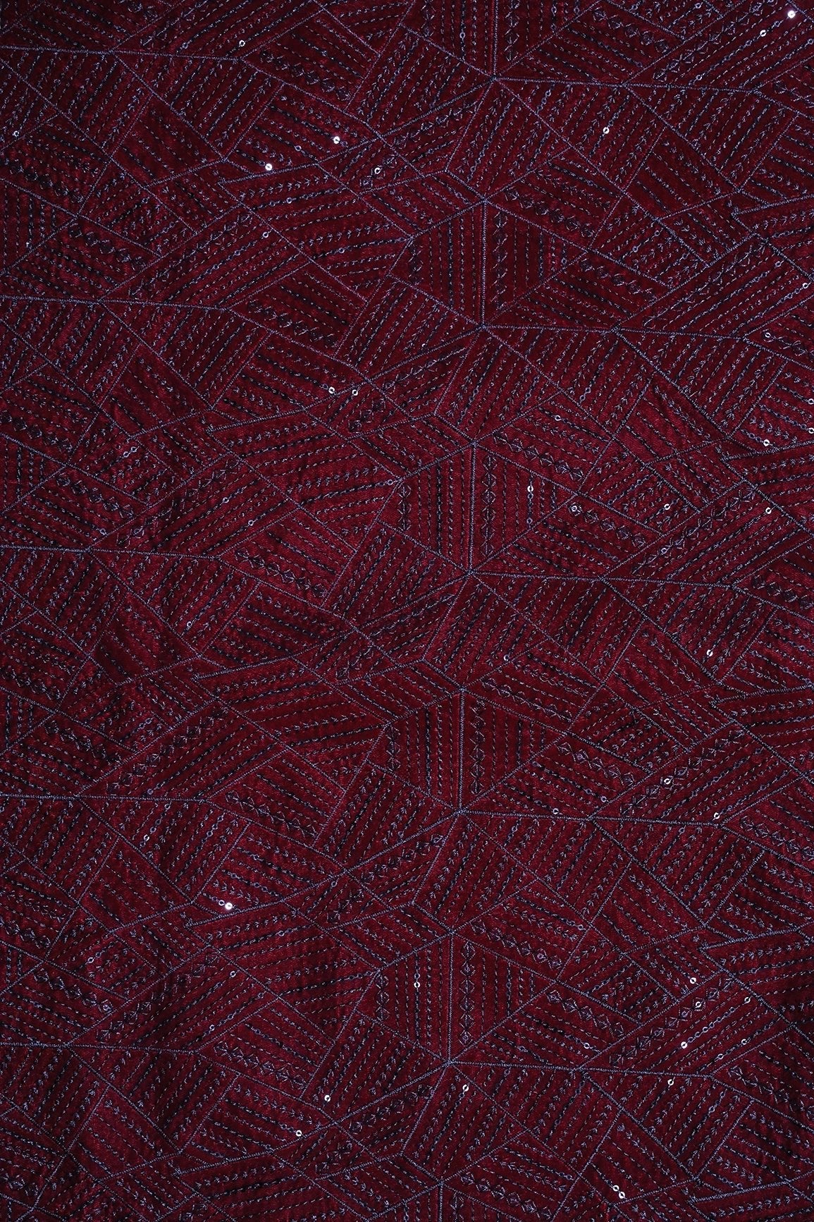 Maroon Thread With Sequins Geometric Embroidery Work On Maroon Velvet Fabric - doeraa