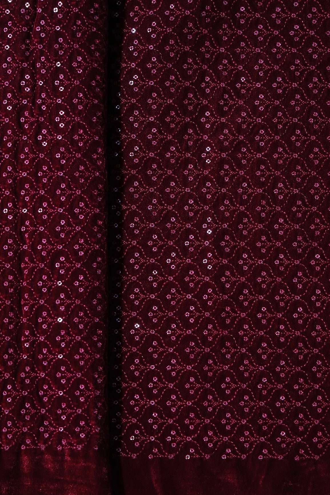 Maroon Thread With Sequins Small Ogee Embroidery Work On Maroon Velvet Fabric - doeraa