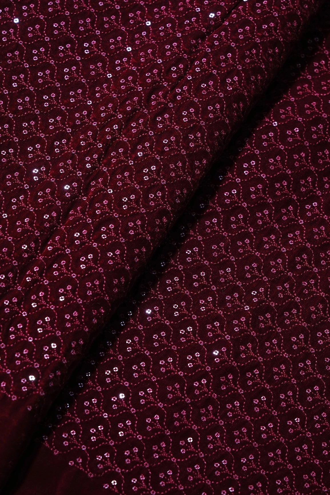 Maroon Thread With Sequins Small Ogee Embroidery Work On Maroon Velvet Fabric - doeraa
