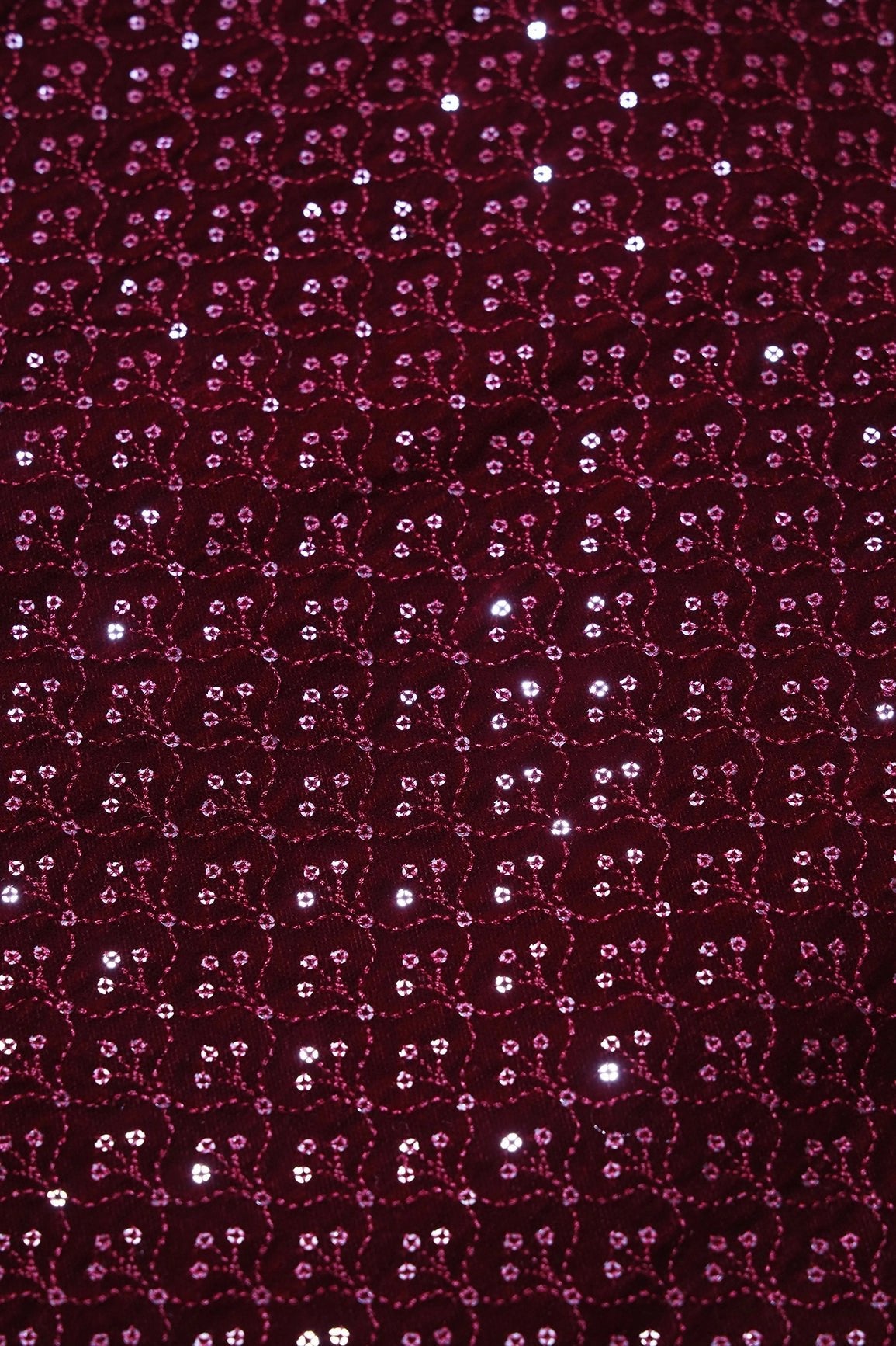 Maroon Thread With Sequins Small Ogee Embroidery Work On Maroon Velvet Fabric - doeraa