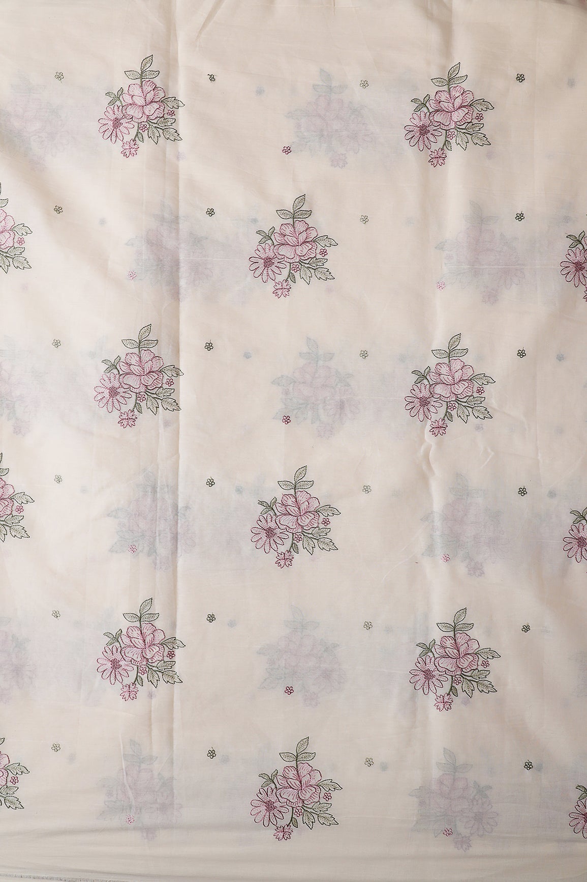 Mauve And Olive Thread beautiful Floral Embroidery On Off White Organic Cotton Fabric - doeraa
