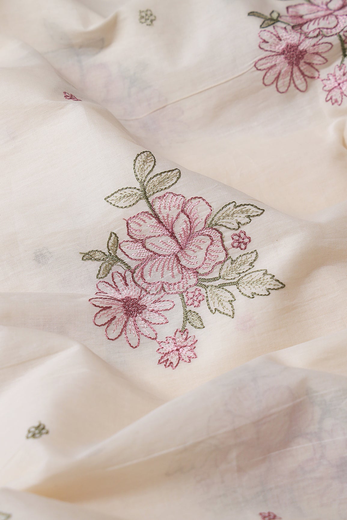 Mauve And Olive Thread beautiful Floral Embroidery On Off White Organic Cotton Fabric - doeraa