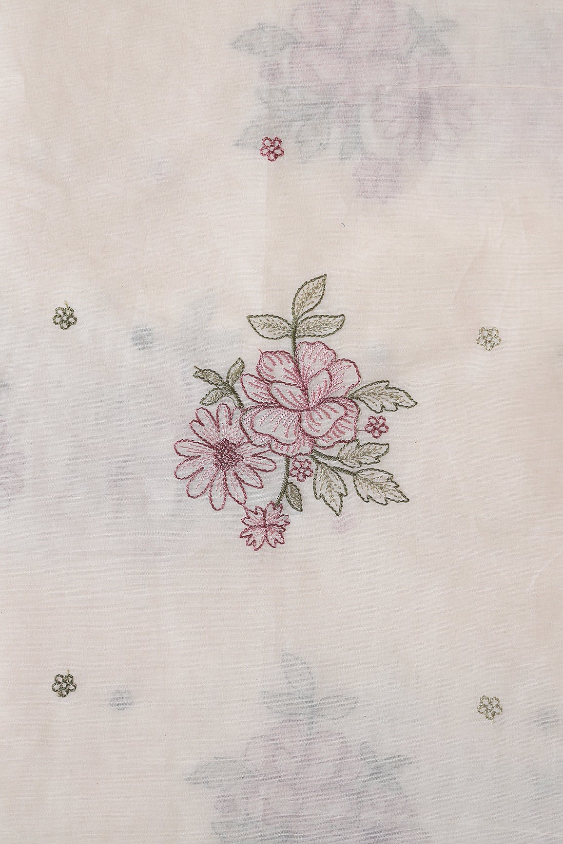 Mauve And Olive Thread beautiful Floral Embroidery On Off White Organic Cotton Fabric - doeraa
