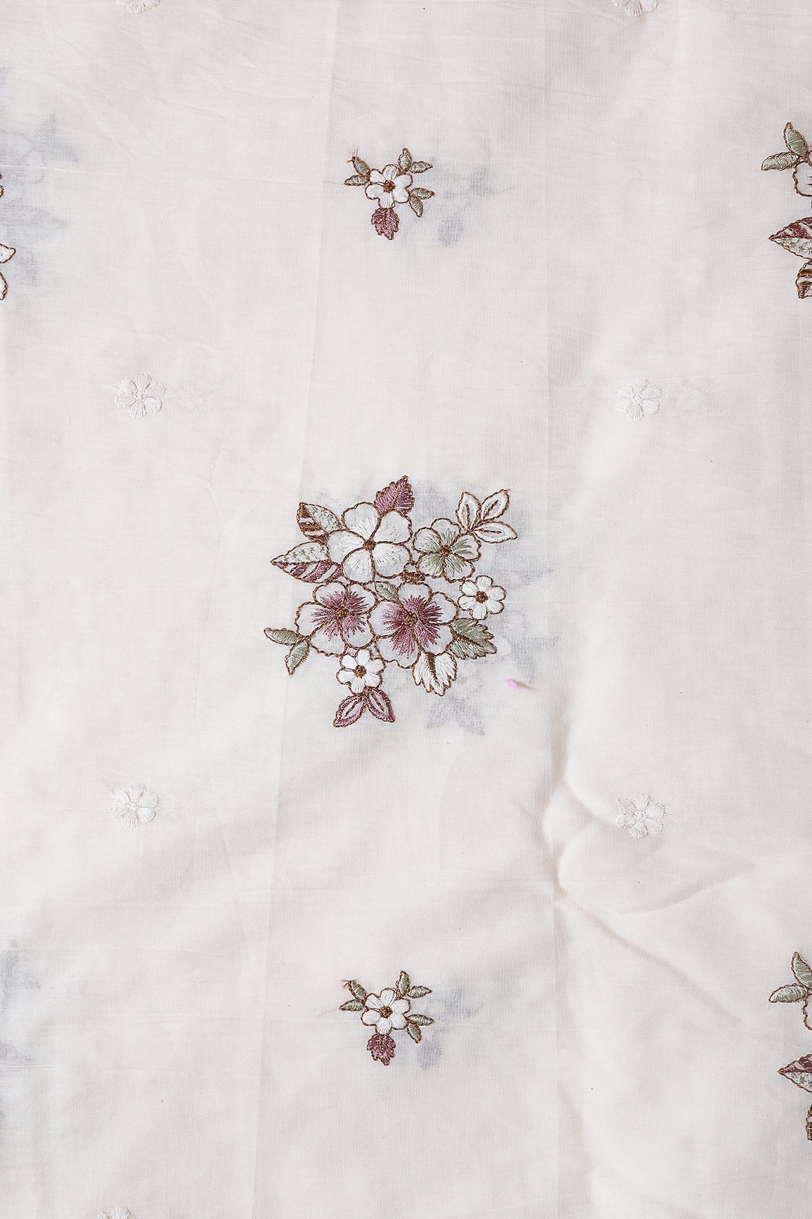 Mauve And Olive Thread Floral Embroidery On Off White Organic Cotton Fabric - doeraa