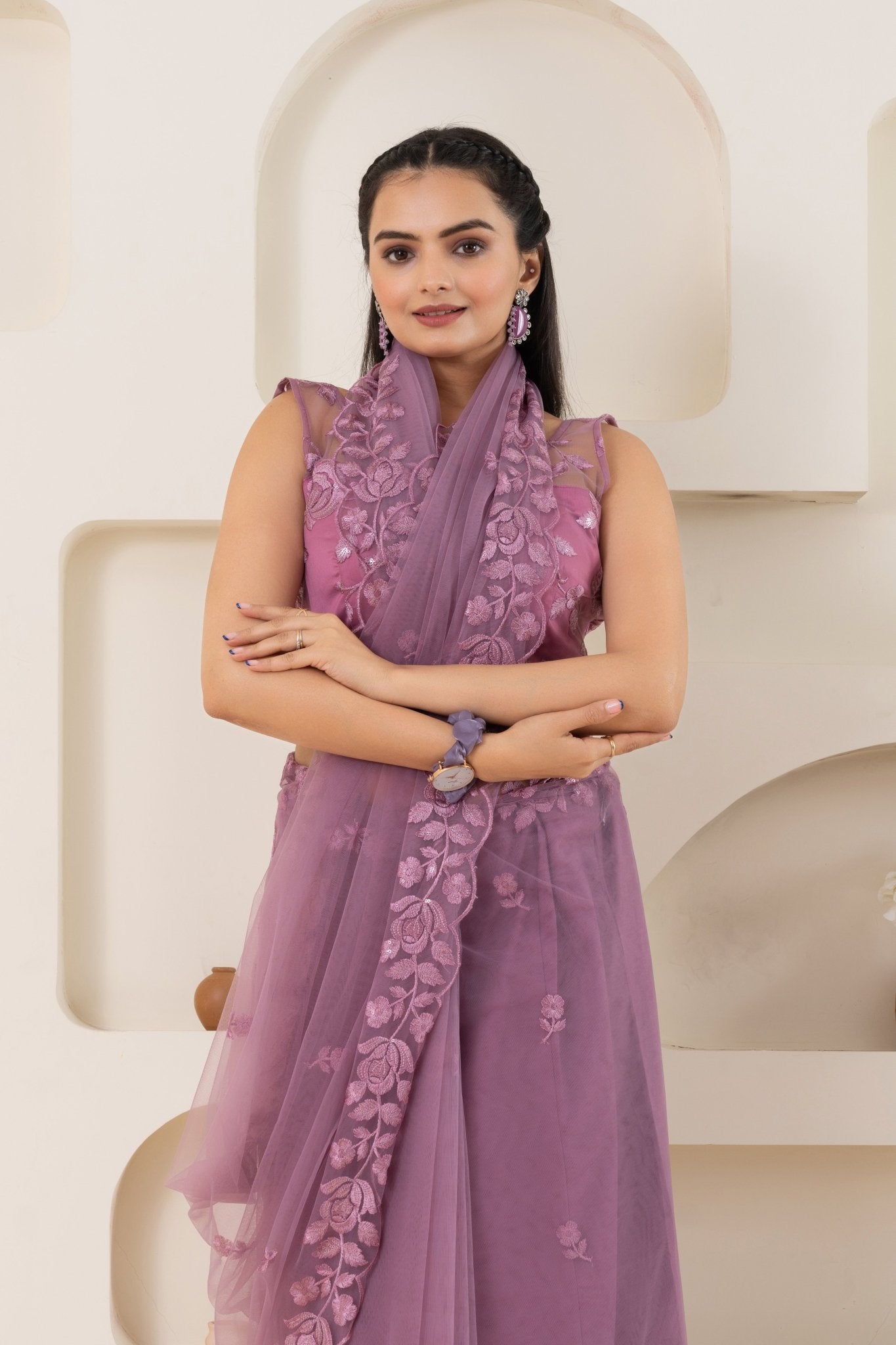 Mauve Embroidery Saree Set (Saree With Blouse Piece) - doeraa