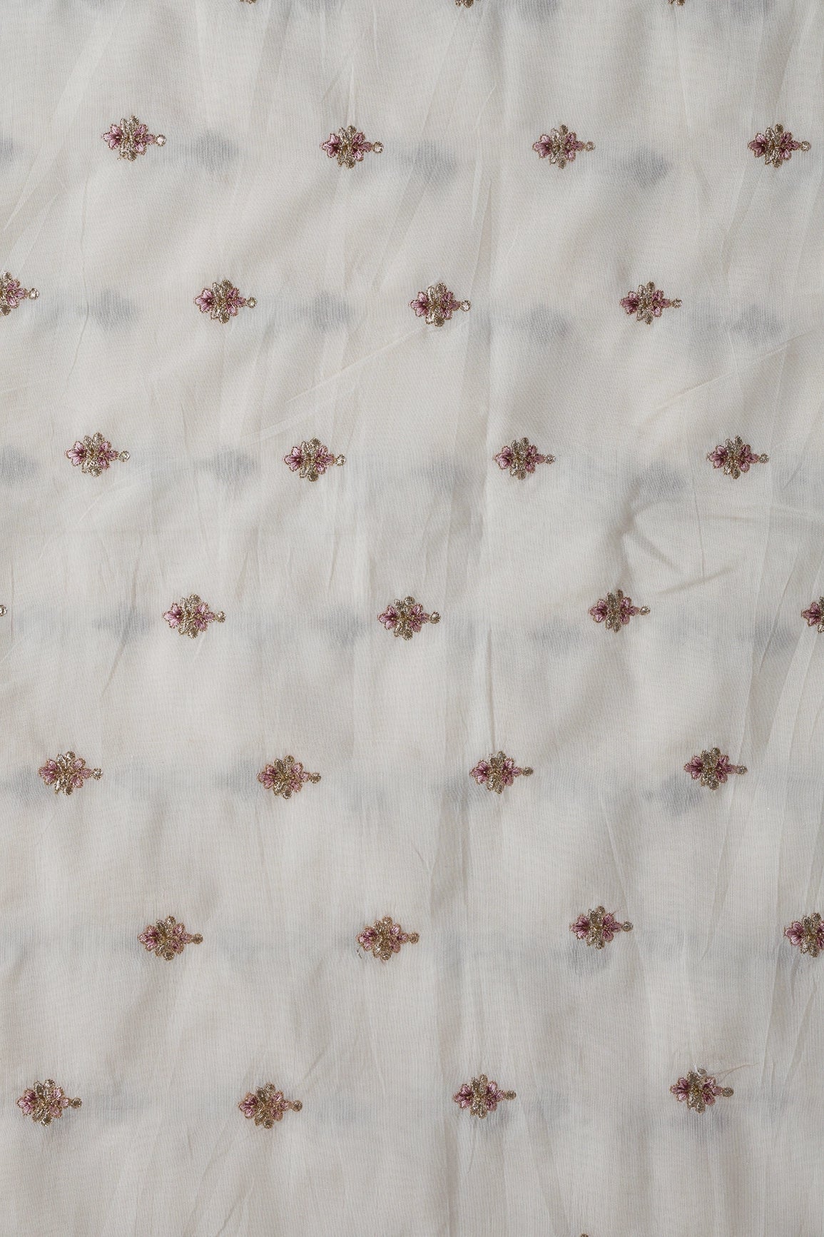 Mauve Thread With Gold Zari Small Floral Booti On Cream Chanderi Fabric - doeraa