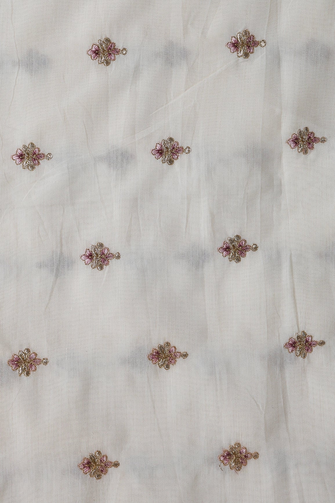 Mauve Thread With Gold Zari Small Floral Booti On Cream Chanderi Fabric - doeraa