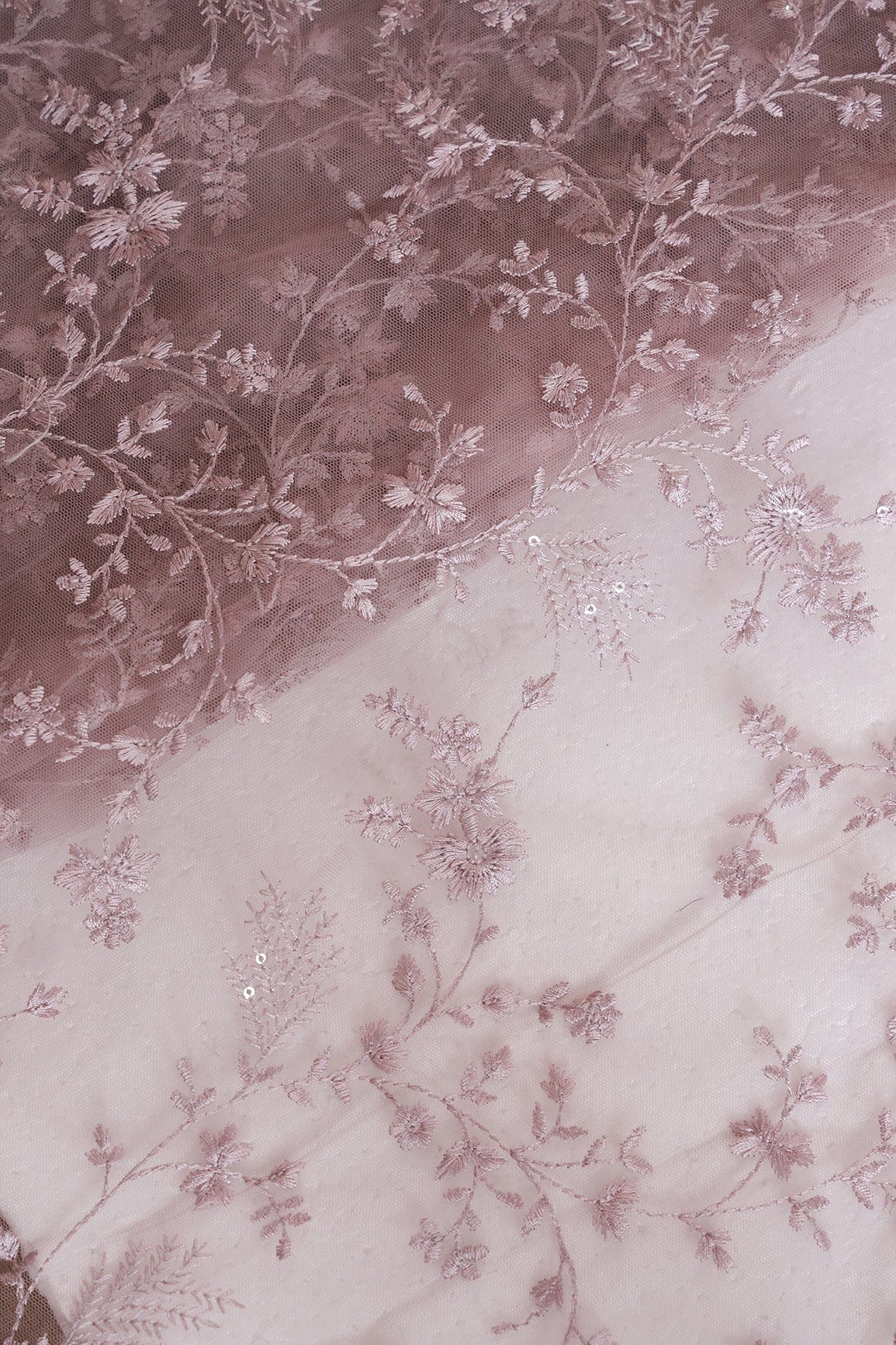 Mauve Thread With Sequins Beautiful Floral Embroidery Work On Mauve Soft Net Fabric - doeraa