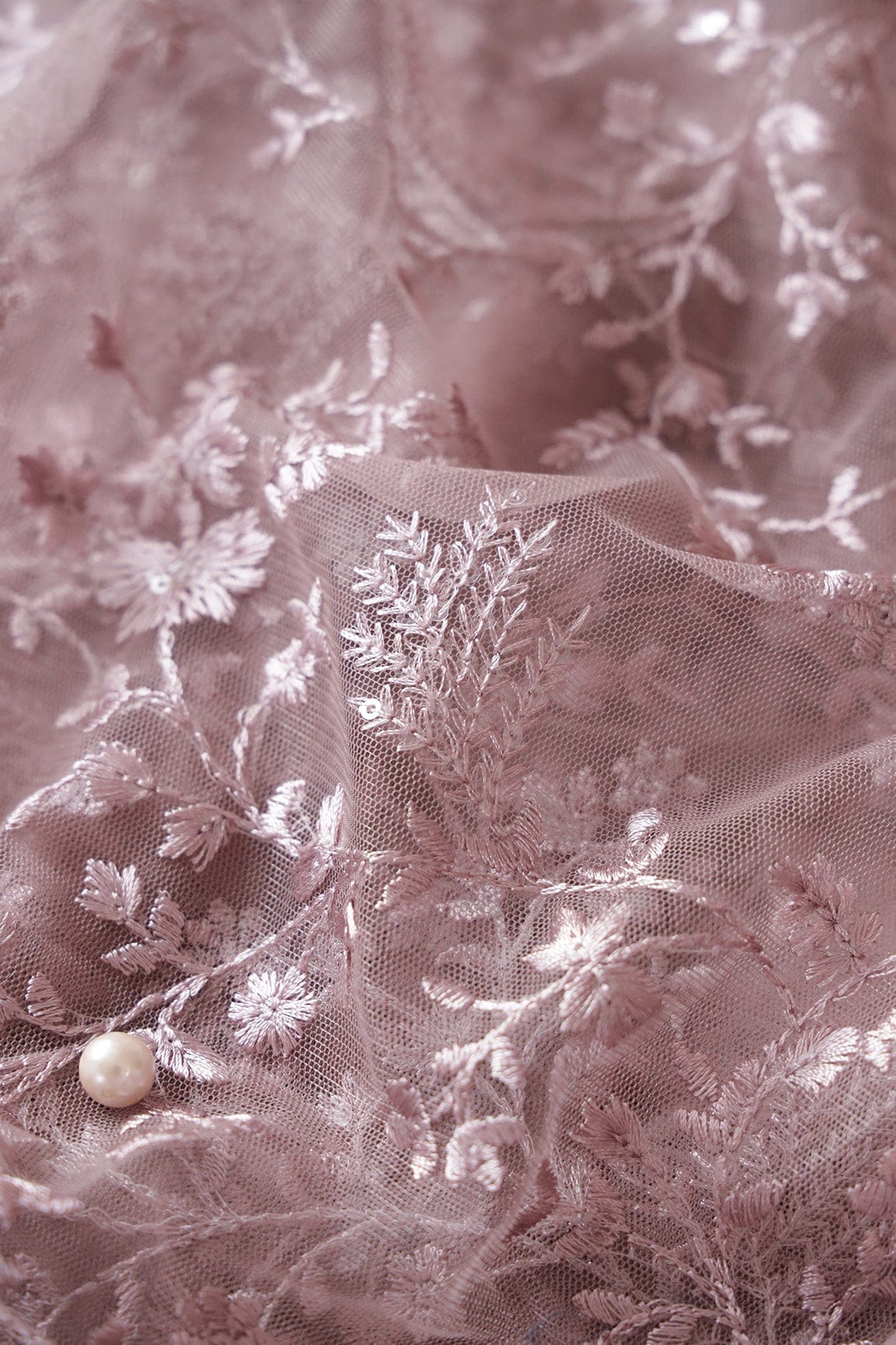 Mauve Thread With Sequins Beautiful Floral Embroidery Work On Mauve Soft Net Fabric - doeraa