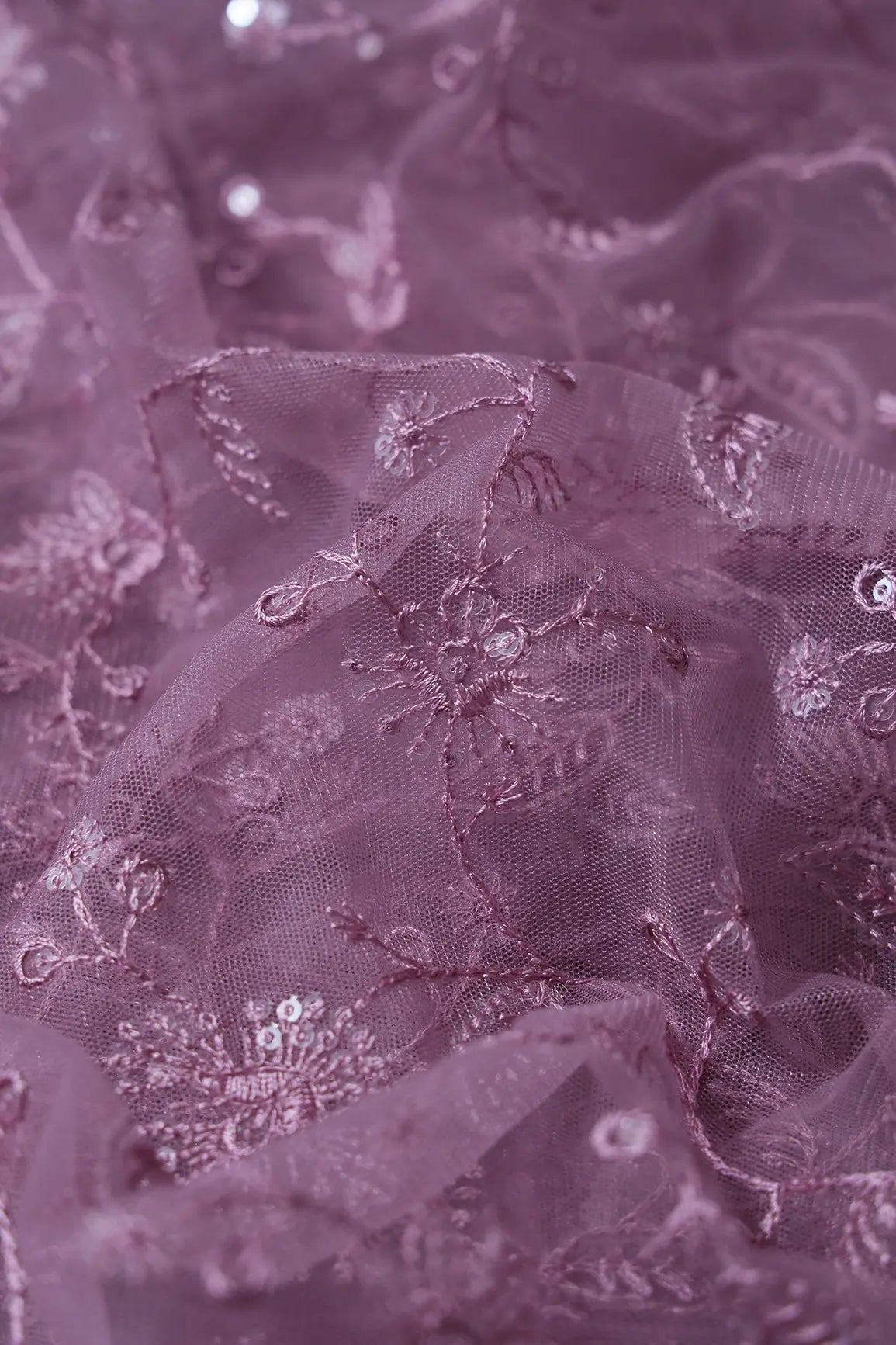 Mauve Thread With Water Sequins Floral Embroidery On Mauve Soft Net Fabric - doeraa