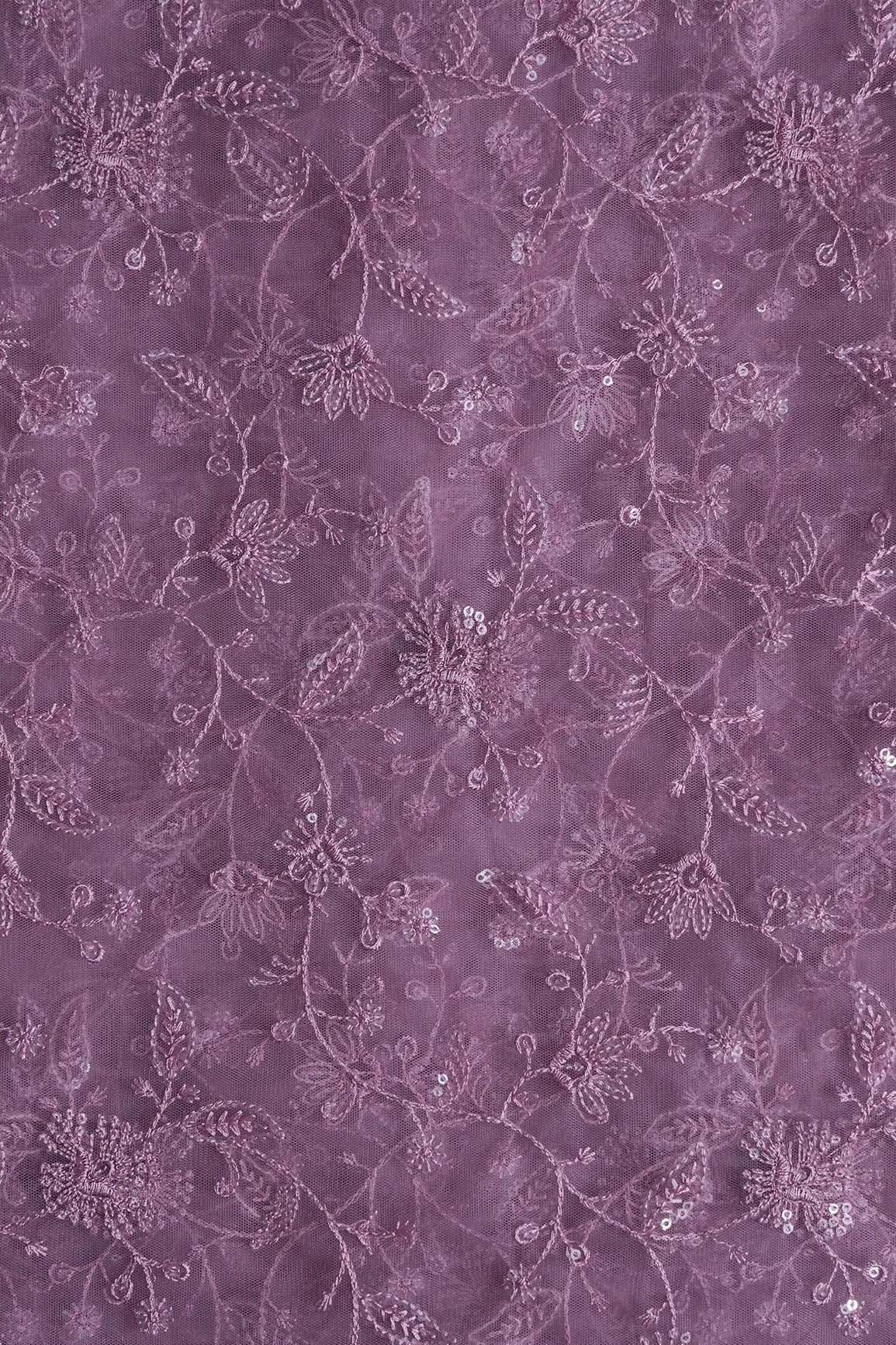 Mauve Thread With Water Sequins Floral Embroidery On Mauve Soft Net Fabric - doeraa