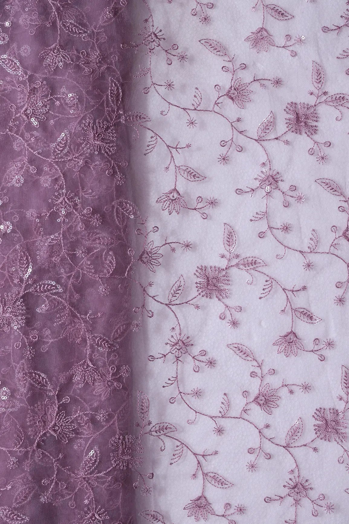 Mauve Thread With Water Sequins Floral Embroidery On Mauve Soft Net Fabric - doeraa