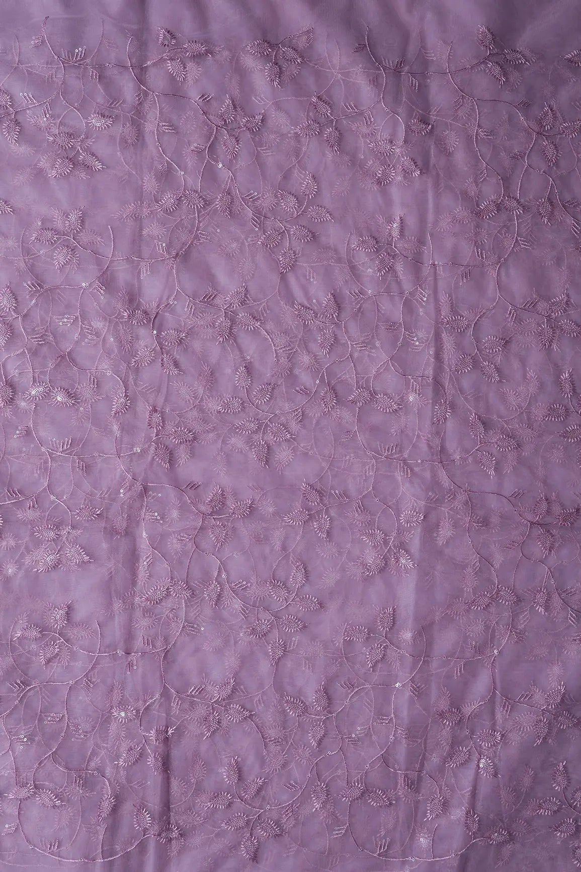 Mauve Thread With Water Sequins Leafy Embroidery On Mauve Soft Net Fabric - doeraa