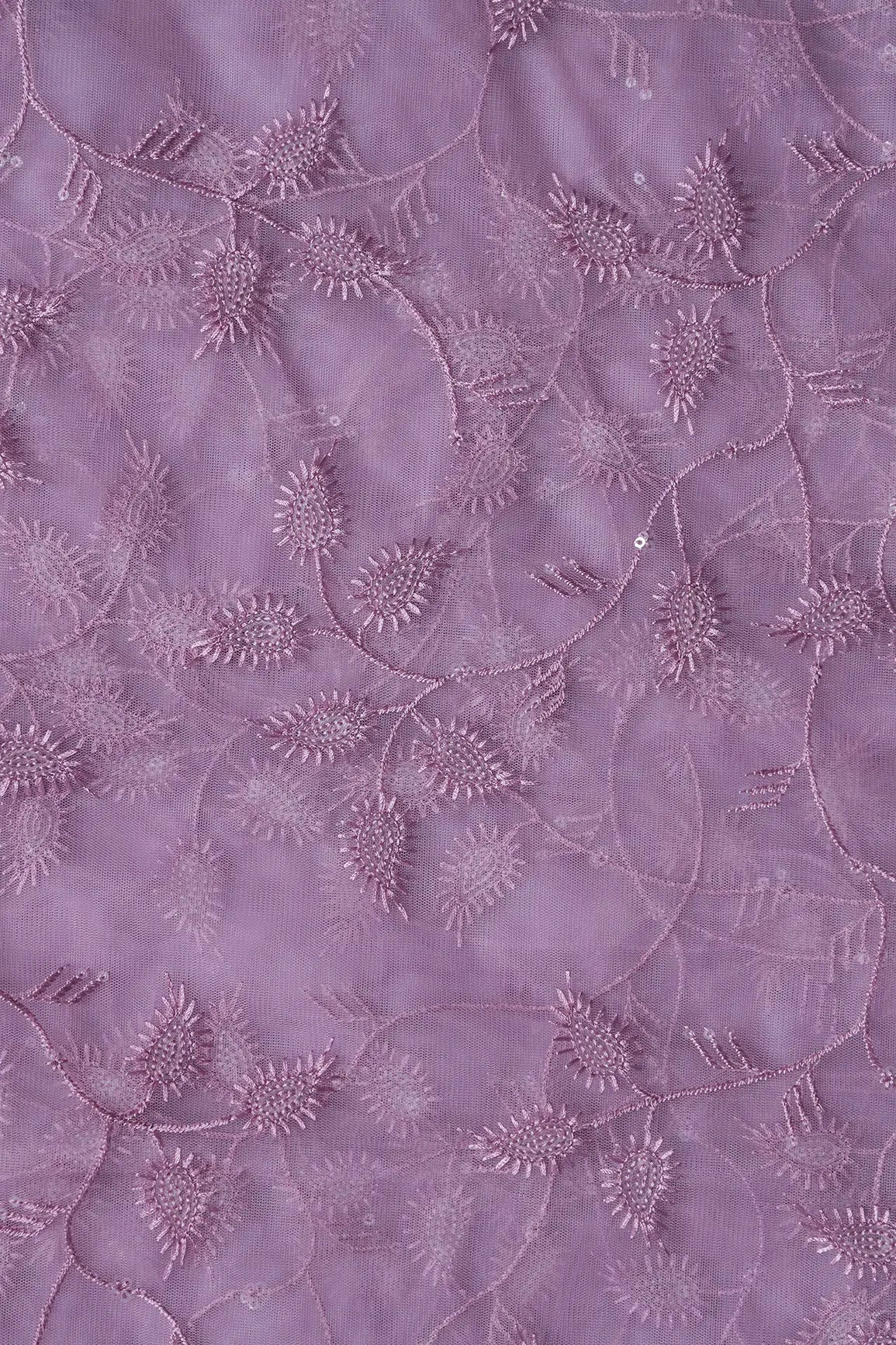 Mauve Thread With Water Sequins Leafy Embroidery On Mauve Soft Net Fabric - doeraa