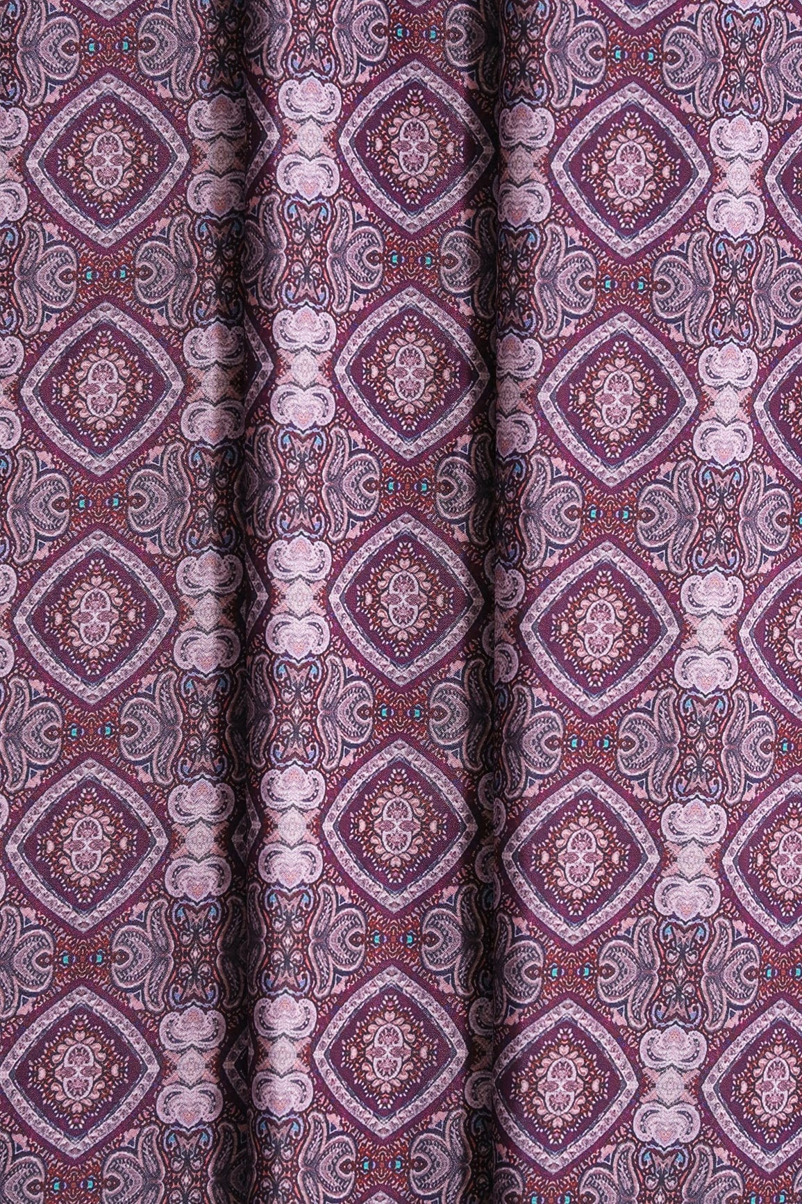 Mauve Traditional Pattern Digital Print On Wine French Crepe Fabric - doeraa