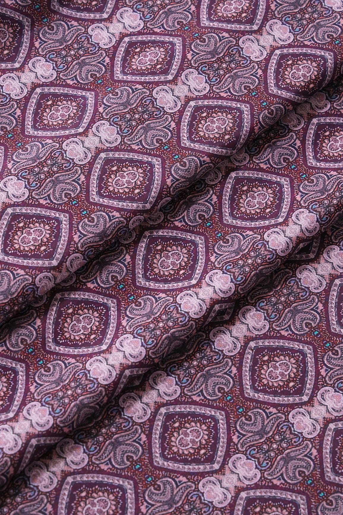Mauve Traditional Pattern Digital Print On Wine French Crepe Fabric - doeraa