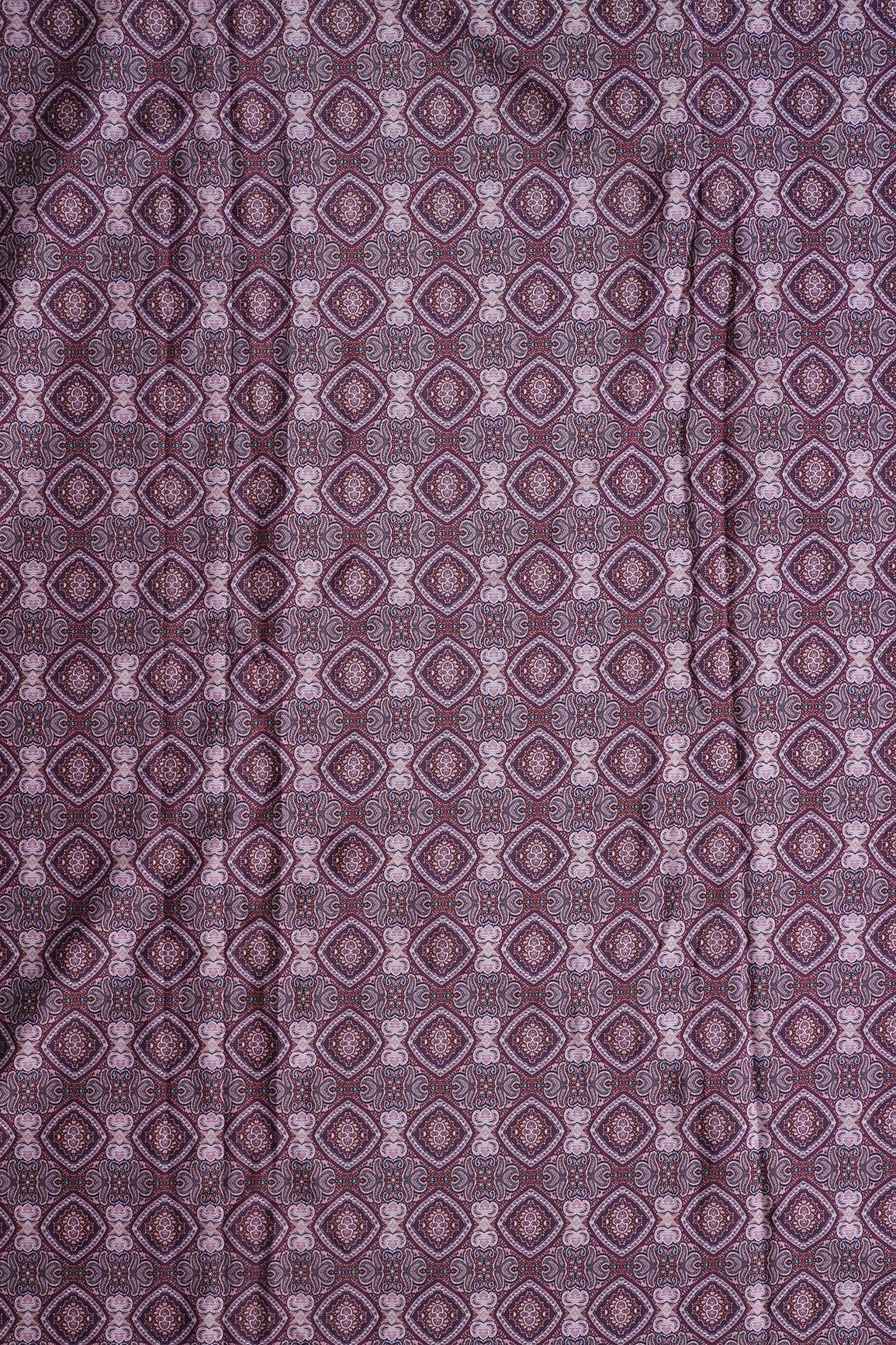 Mauve Traditional Pattern Digital Print On Wine French Crepe Fabric - doeraa