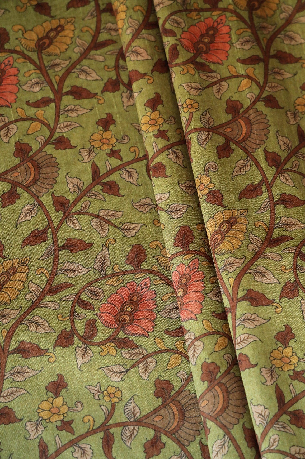 Mehendi Green Floral Pattern Digital Print On Mulberry Silk Fabric - doeraa