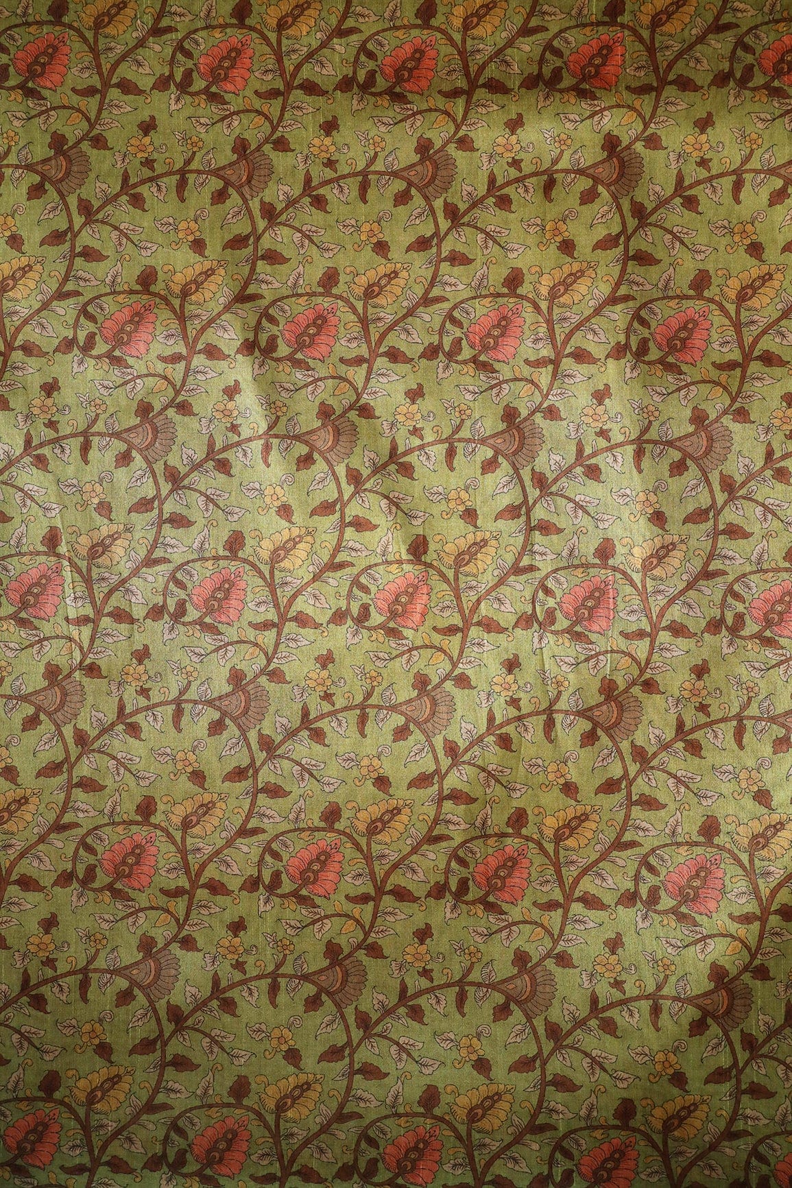 Mehendi Green Floral Pattern Digital Print On Mulberry Silk Fabric - doeraa