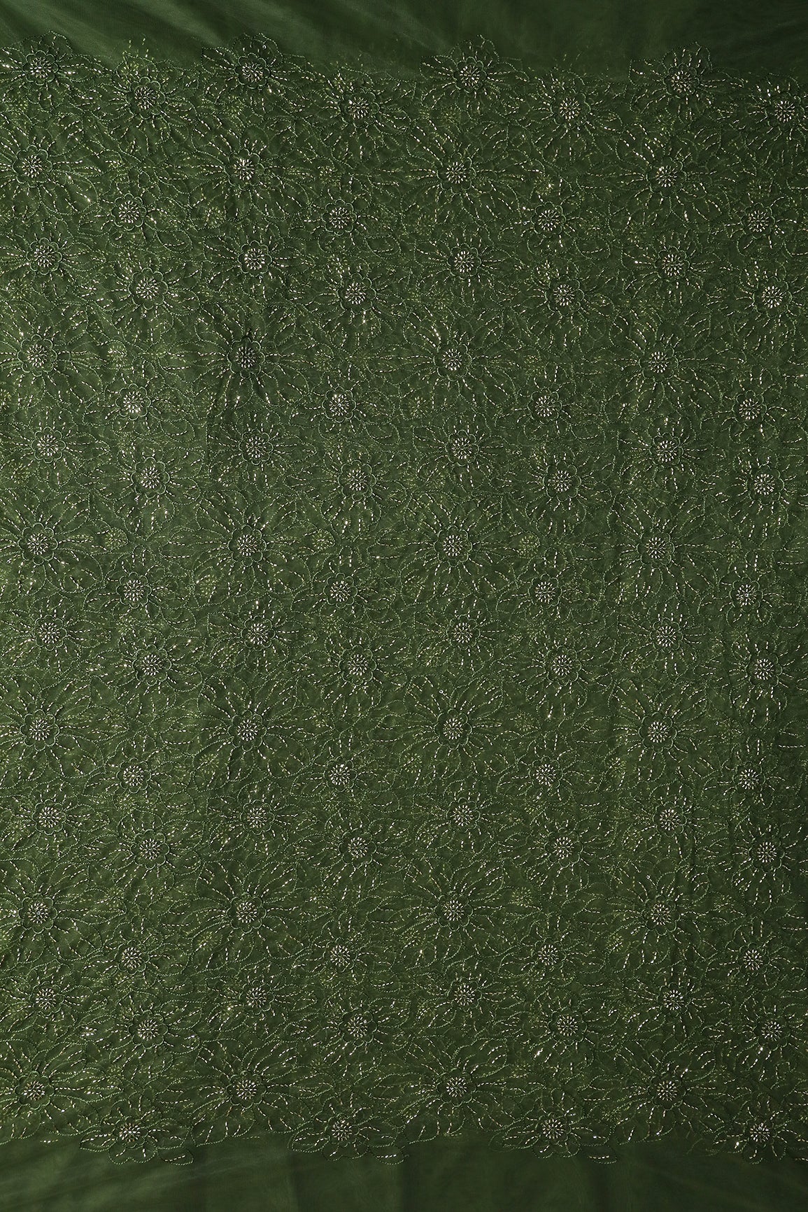 Mehndi Green Thread With Beads Floral Embroidery Work On Mehndi Green Soft Net Fabric - doeraa