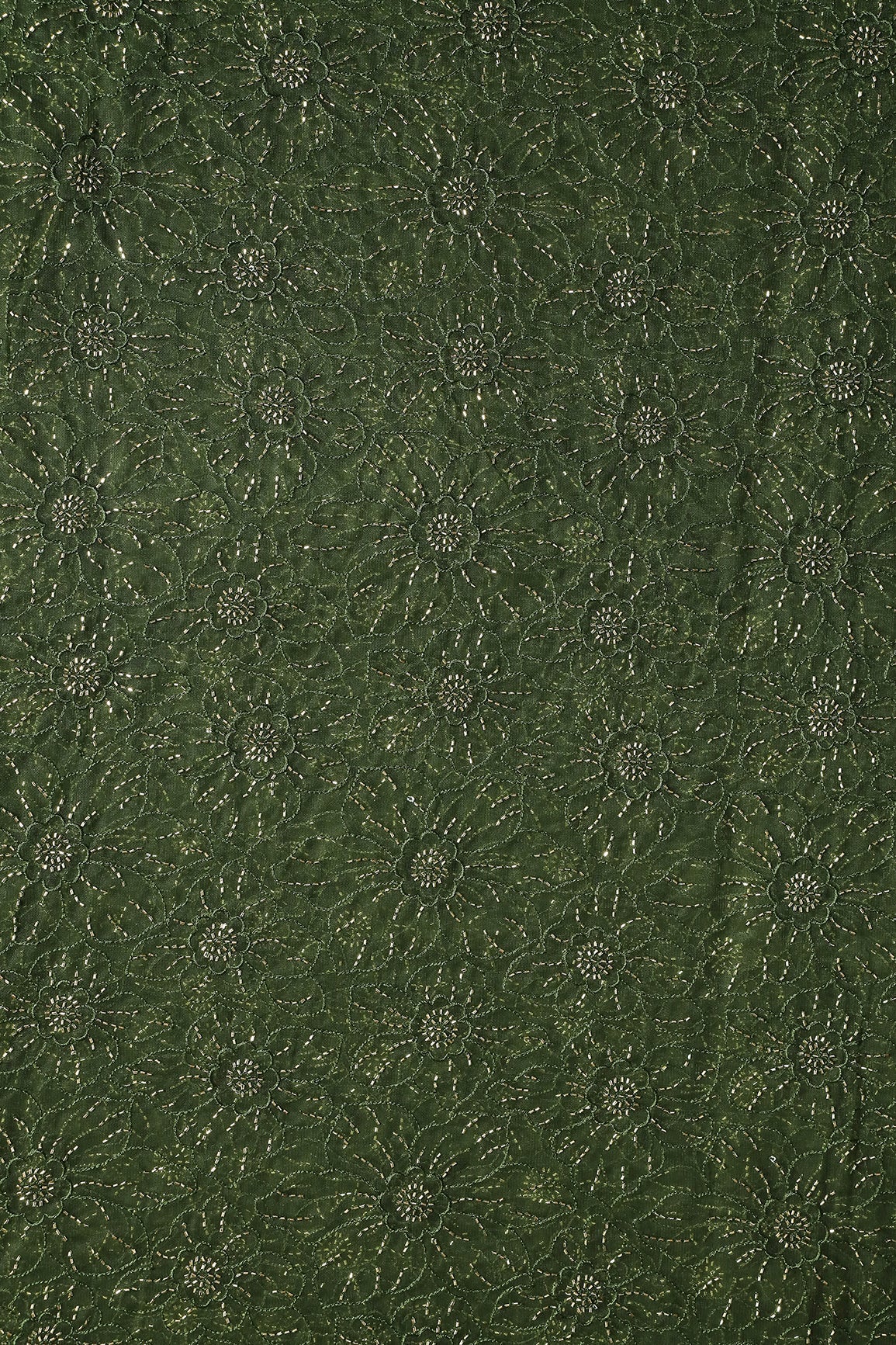 Mehndi Green Thread With Beads Floral Embroidery Work On Mehndi Green Soft Net Fabric - doeraa