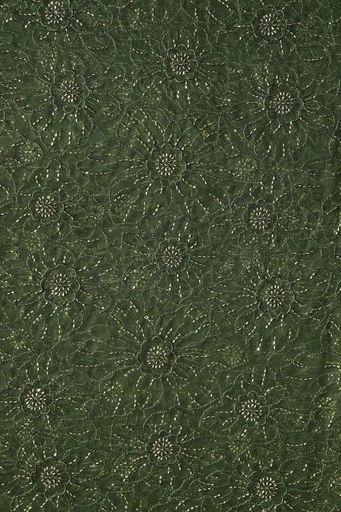 Mehndi Green Thread With Beads Floral Embroidery Work On Mehndi Green Soft Net Fabric - doeraa