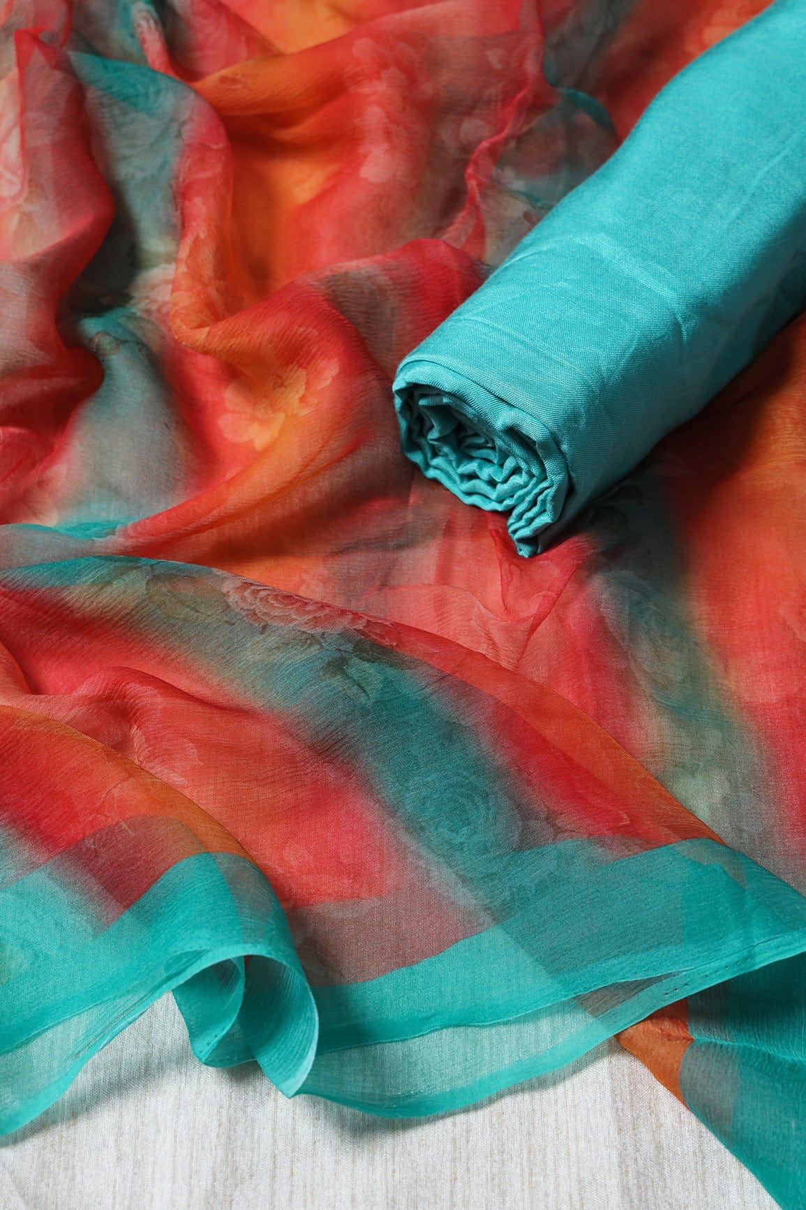 Mint Green Semi Stitched Pure Organza Suit Set (3 piece) - doeraa