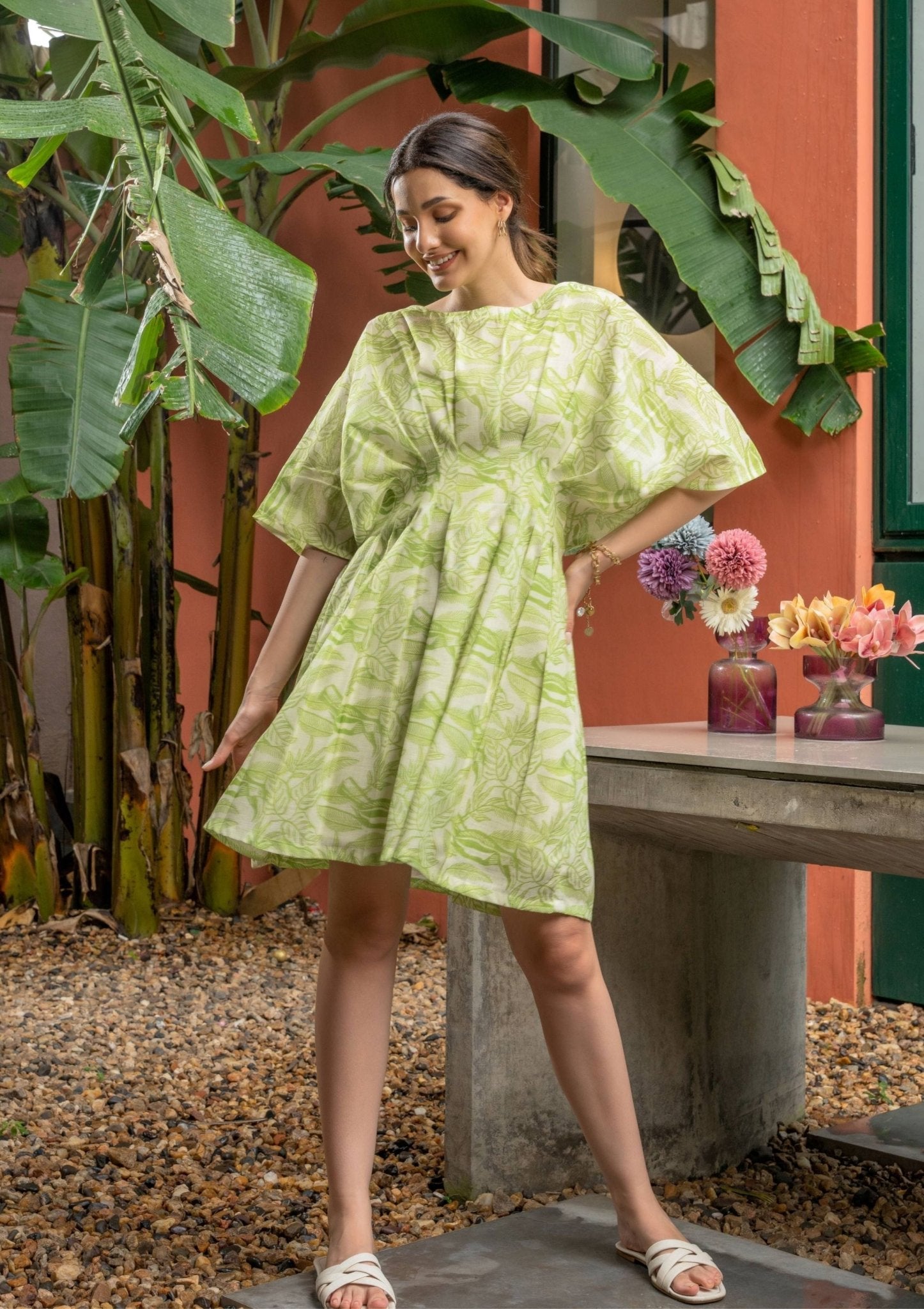 Mir Lime Green Linen Pleated Dress - doeraa